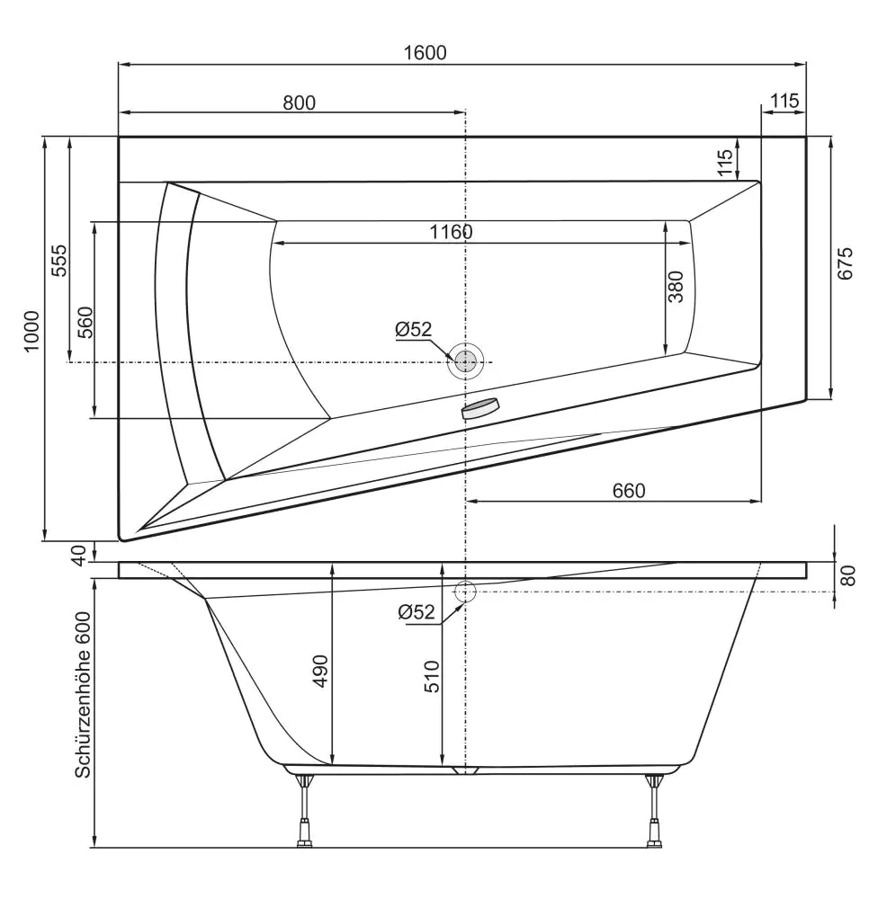 Ottofond Badewanne Galia I 160 x 100 x 67,5 cm, weiß, Modell B