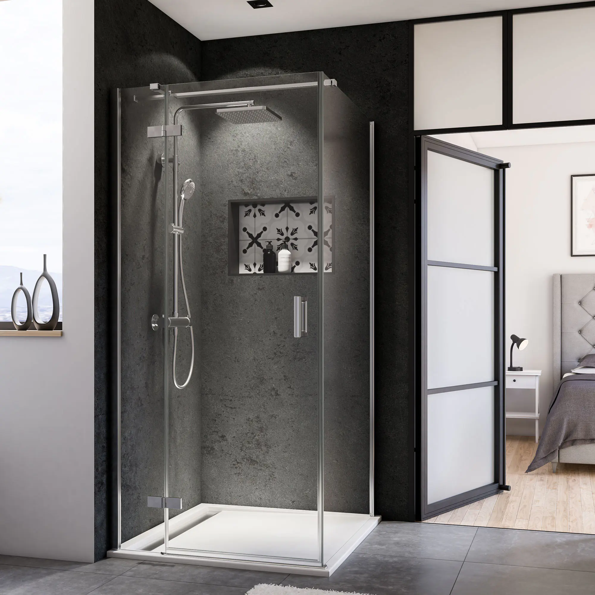 Breuer Panorama Drehtür + Festteil f. Seitenwand li 90 x 200 cm