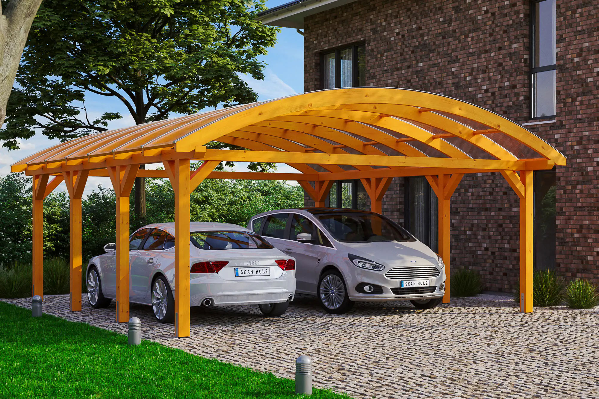 4018211014255 SKAN HOLZ Bogendach-Carport Franken 635 x 755 cm, lasiert in Eiche hell