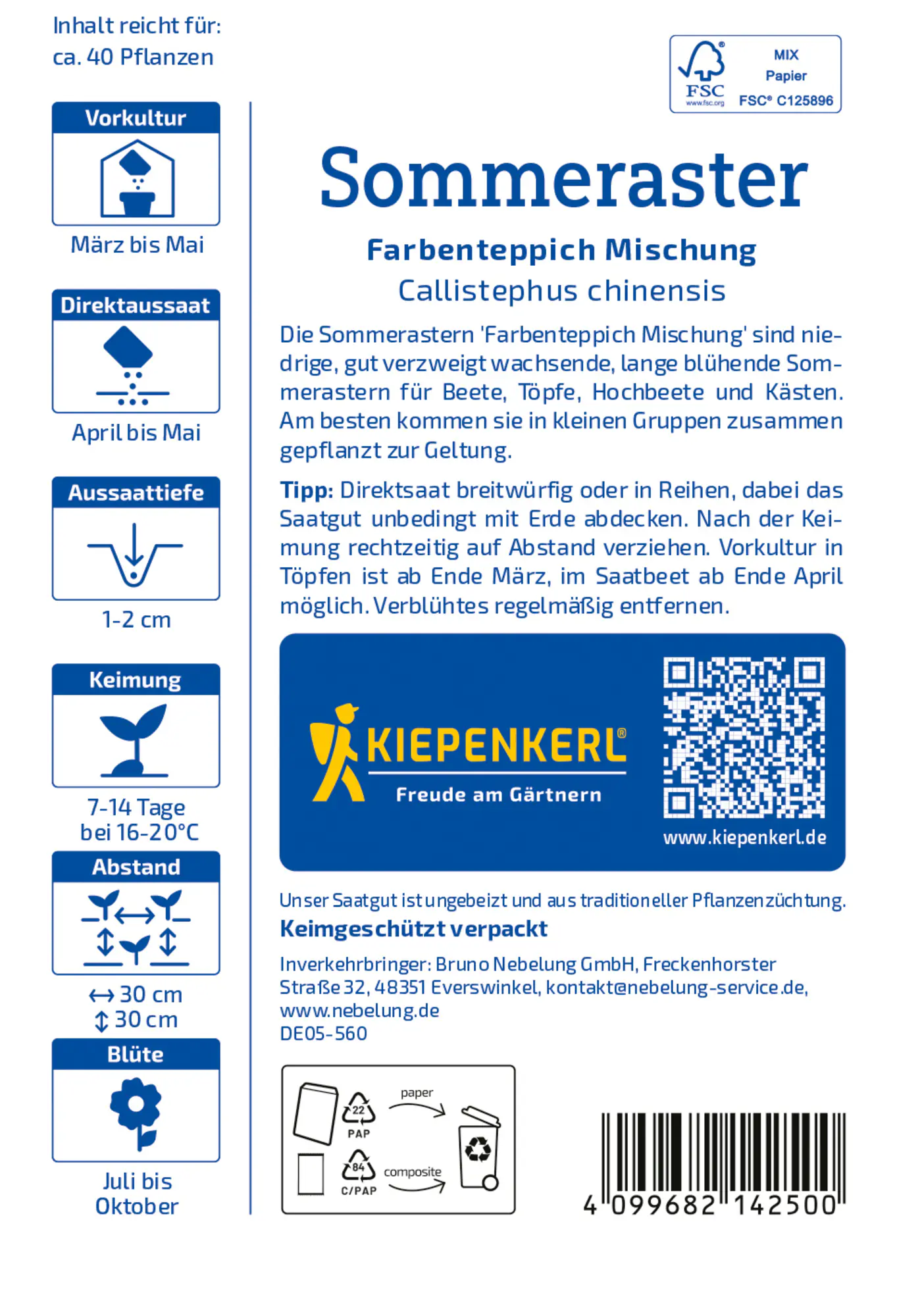 Kiepenkerl Blumensamen Sommeraster Farbenteppich Mischung für ca. 40 Pflanzen