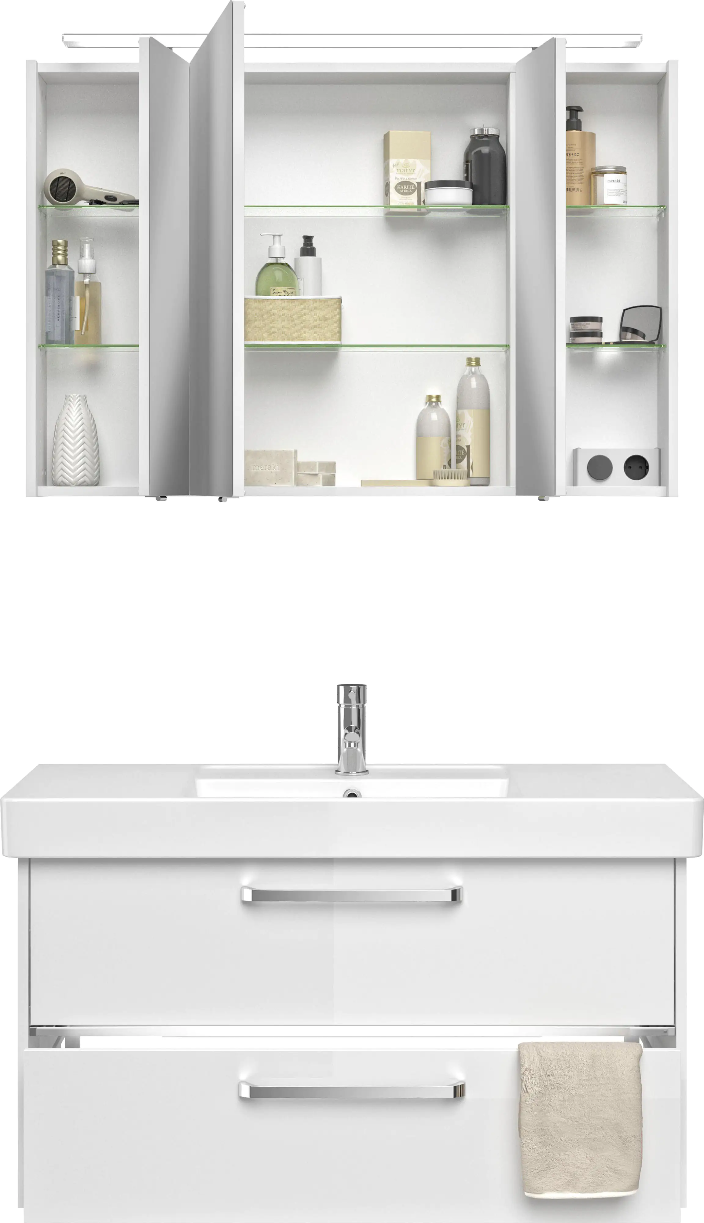 Primaster Badmöbel-Set Berlin weiß 105 cm LED-Leuchten, Keramikwaschtisch