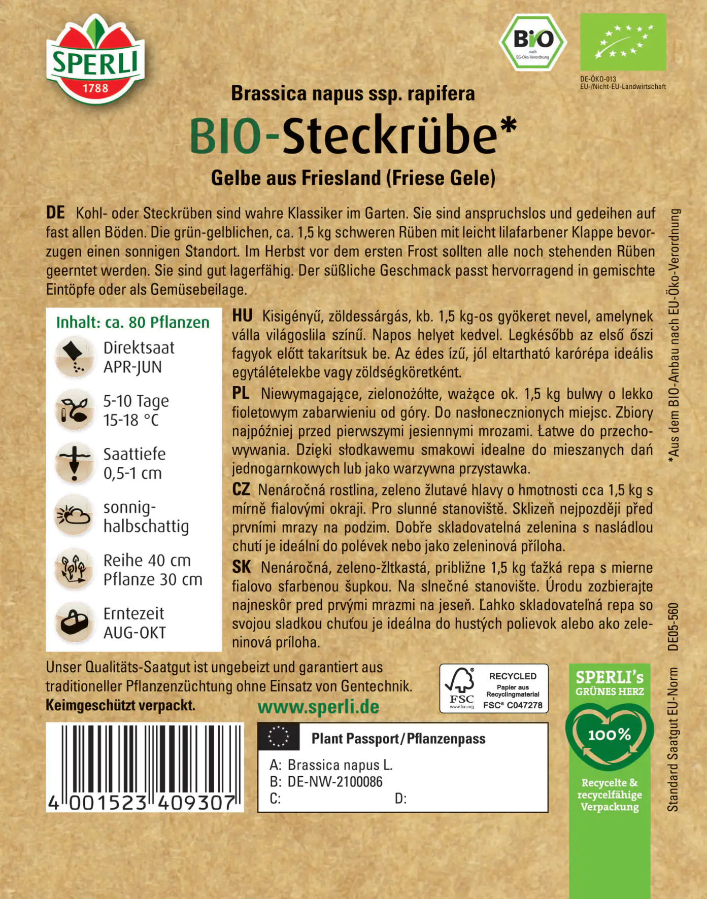 Sperli BIO Steckrübe