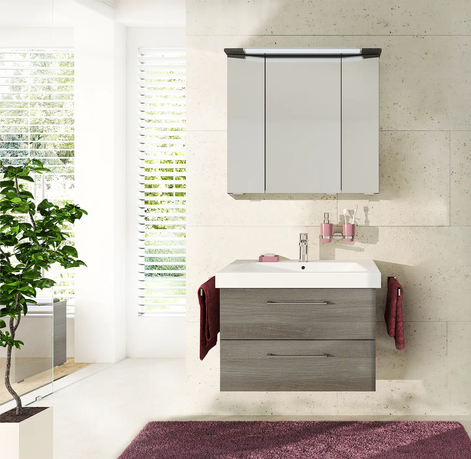 Pelipal Badmöbel-Set Pineo Sangallo Grau mit Keramik-Waschtisch + 3D-Spiegelschrank 80 cm