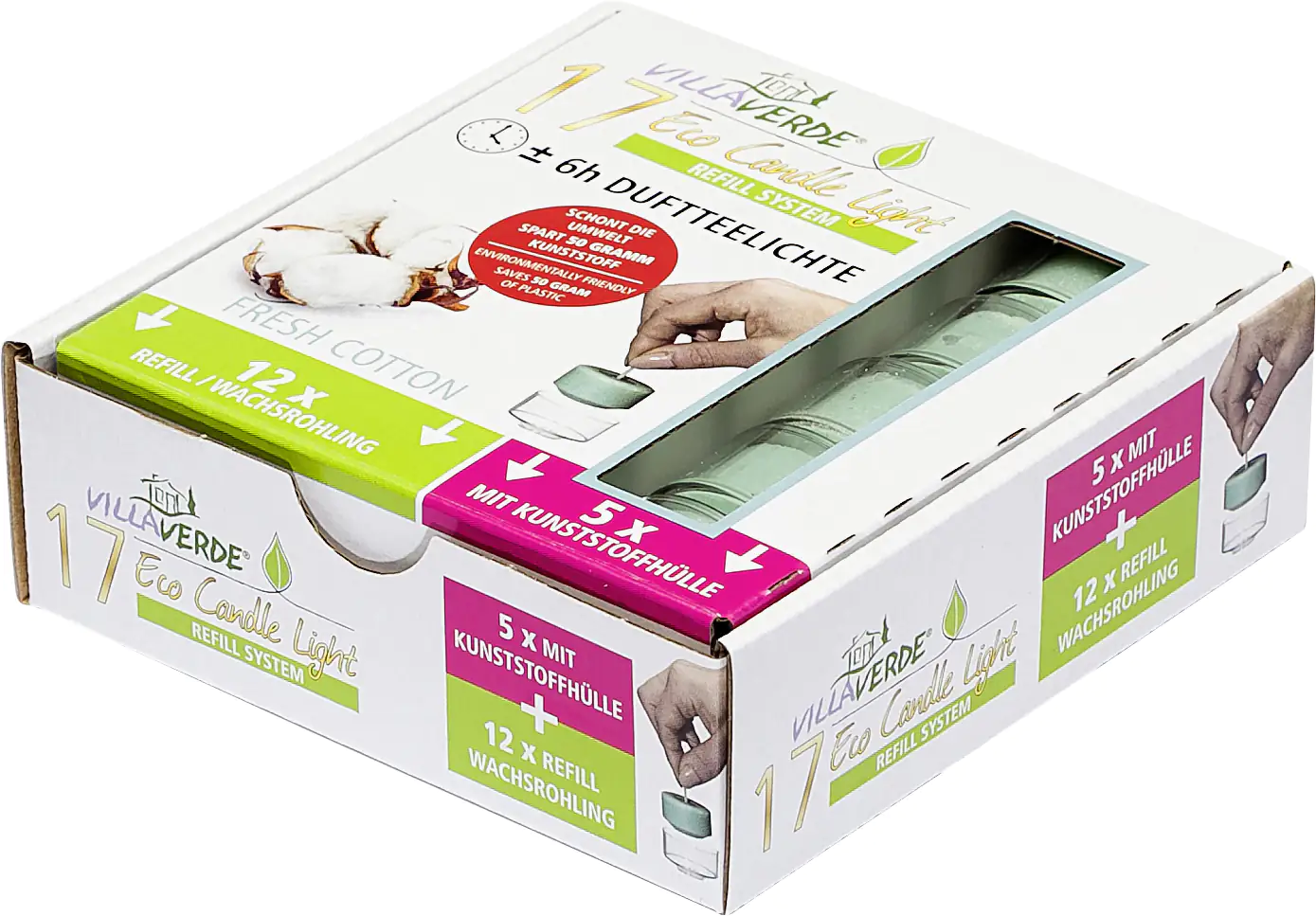 Villa Verde Duftteelichter ECL (5x m.Hülle+ 12x refill) Fresh Cotton