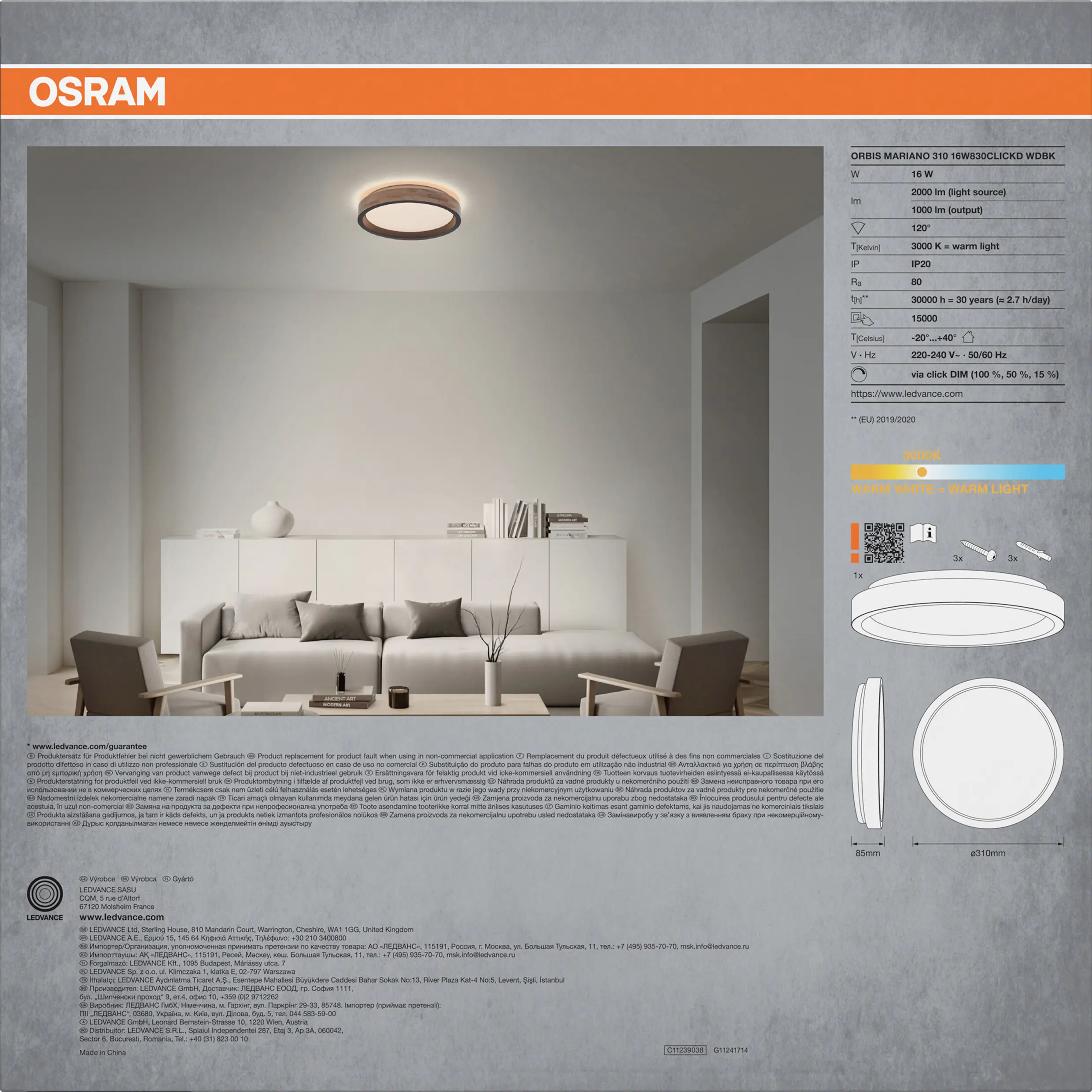 Osram LED-Deckenleuchte Orbis MarianoØ 31 cm 16 W Holzdekor schwarz dimmbar