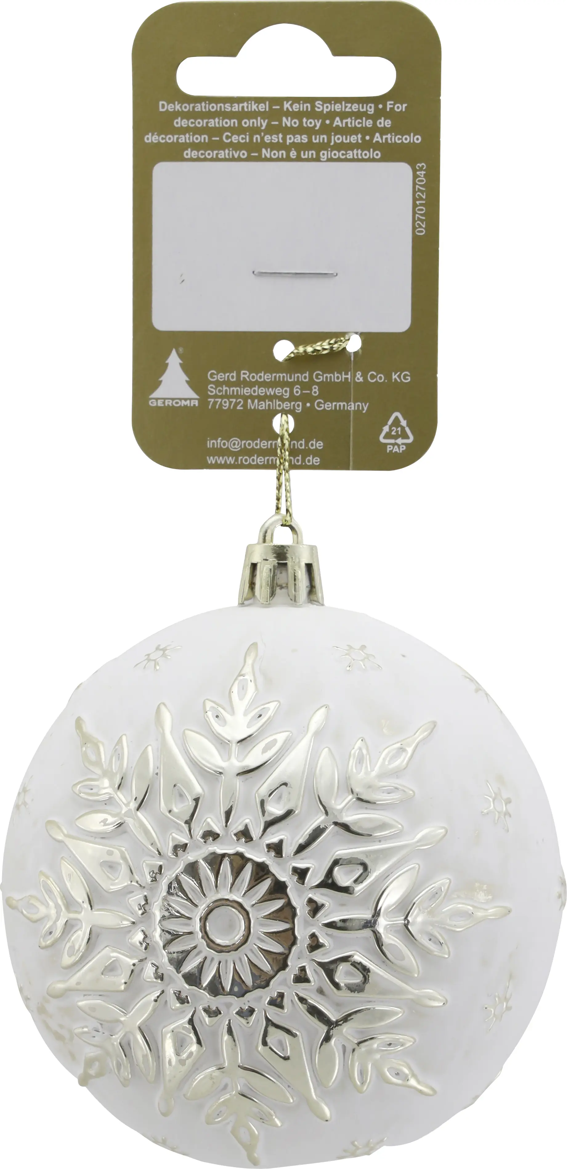 Weihnachtsanhänger Ornamentkugel aus Kunststoff Ø 7,8 cm Kristallmuster weiß/gold