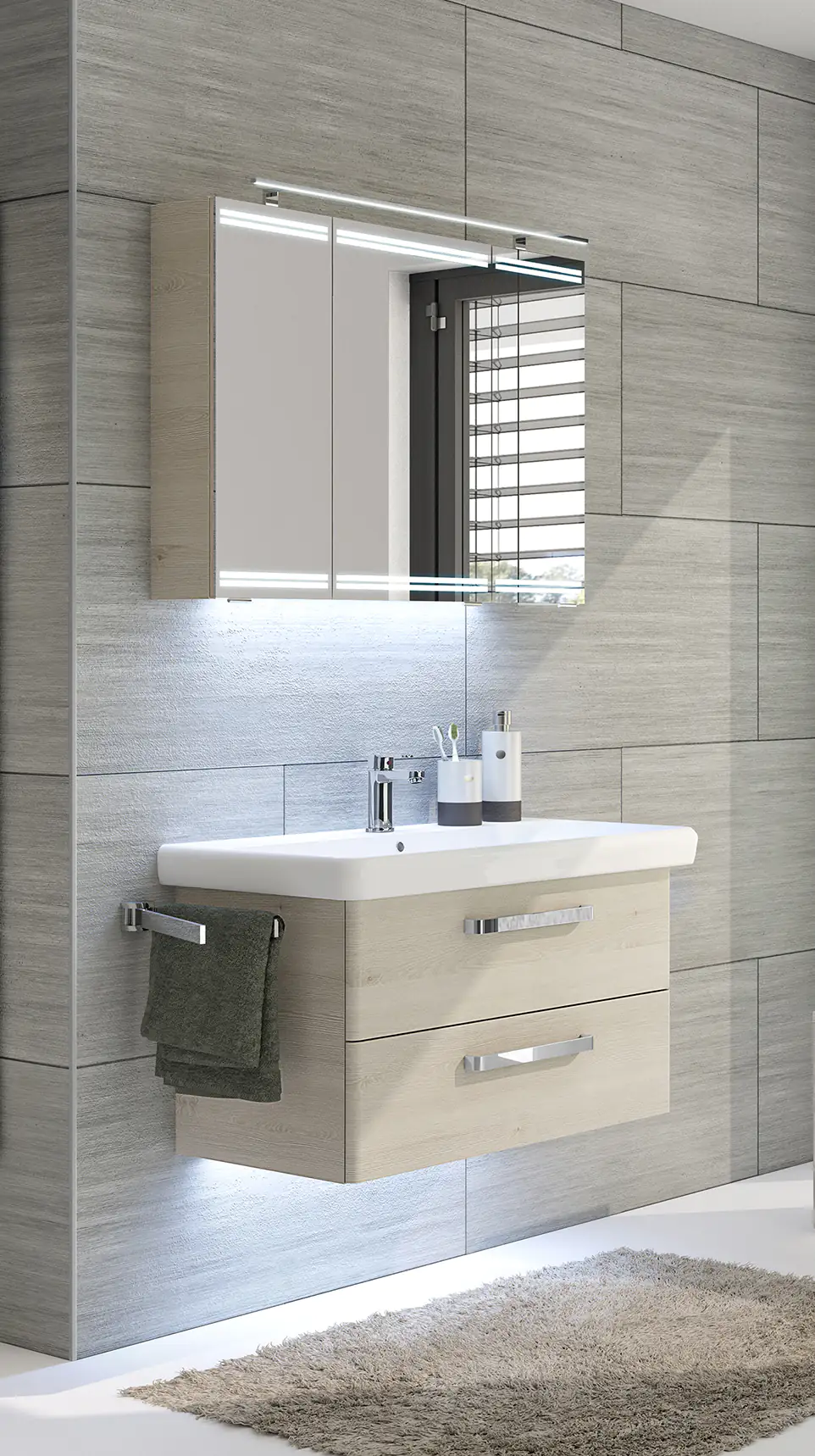 Pelipal Badmöbel-Set Pinie Ida mit Keramik-Waschtisch + Waschplatzbeleuchtung 100 cm