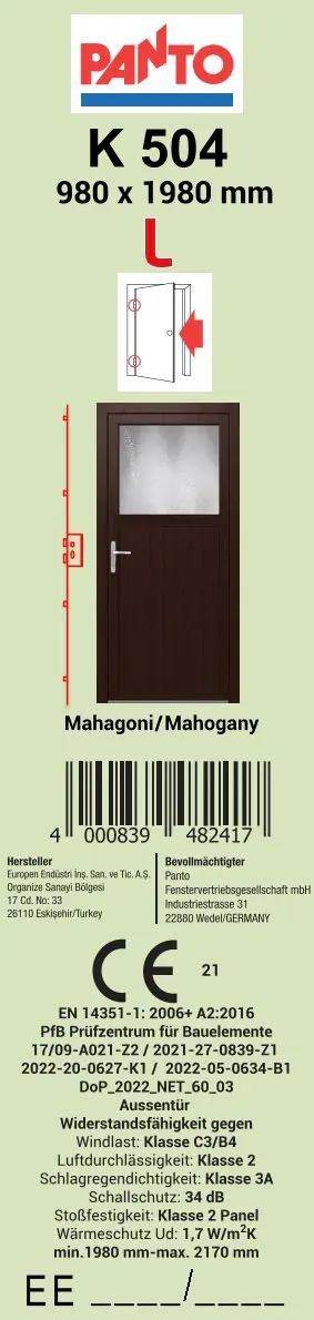 Panto Nebeneingangstür Kunststoff 504 98 x 198 cm DIN links Mahagoni
