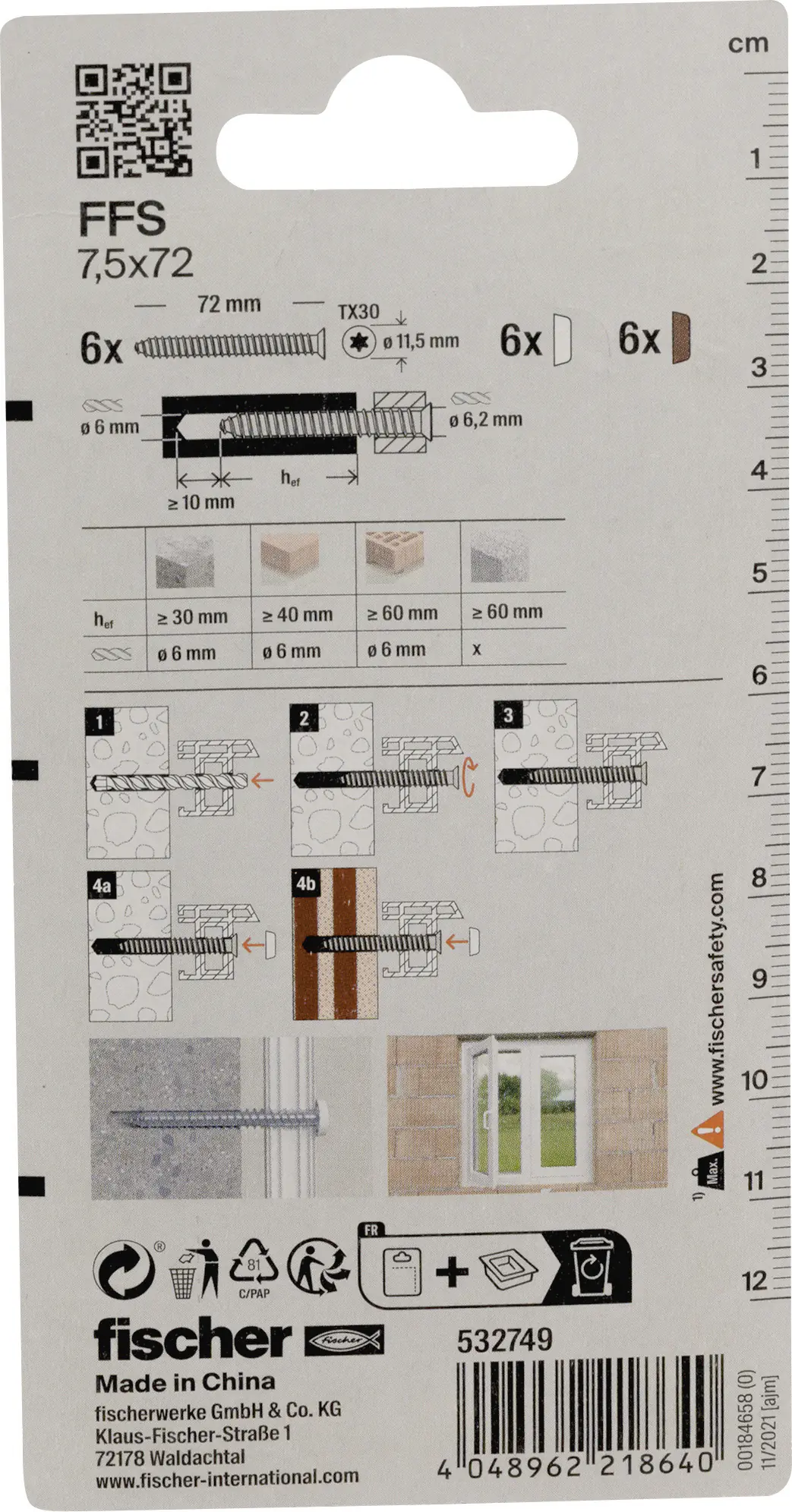 Fischer Fensterrahmenschrauben 7,5 x 72 mm TX30 - 6 Stk.