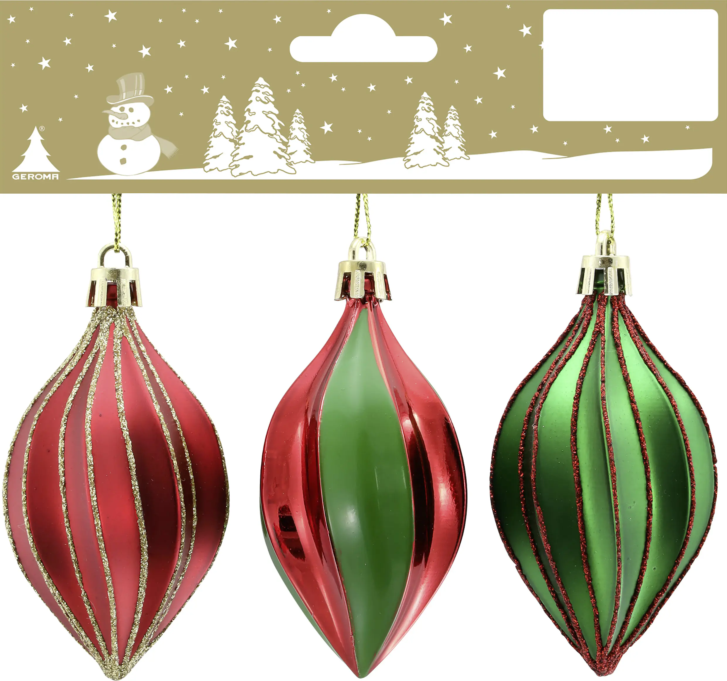 Weihnachtsanhänger Tropfen aus Kunststoff 9 x 4,5 cm rot/grün - 3 Stück