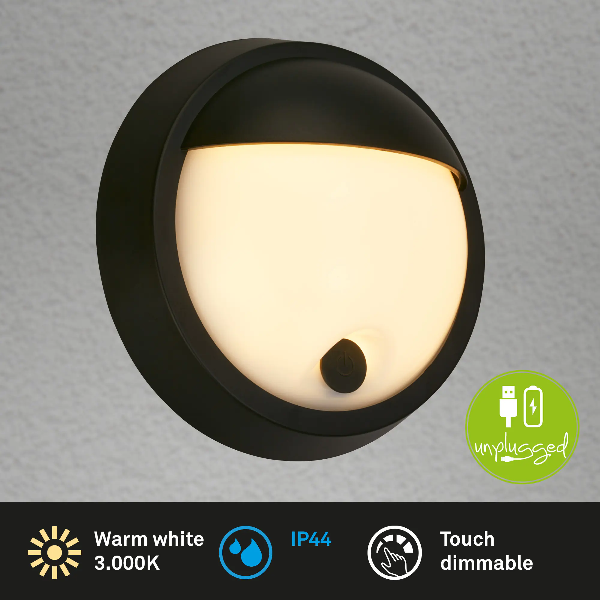 Briloner LED Akku-Außenwandleuchte Puni 4W schwarz Touch-Dimmer warmweiß Briloner LED Akku-Außenwandleuchte Puni 4W schwarz Touch-Dimmer warmweiß