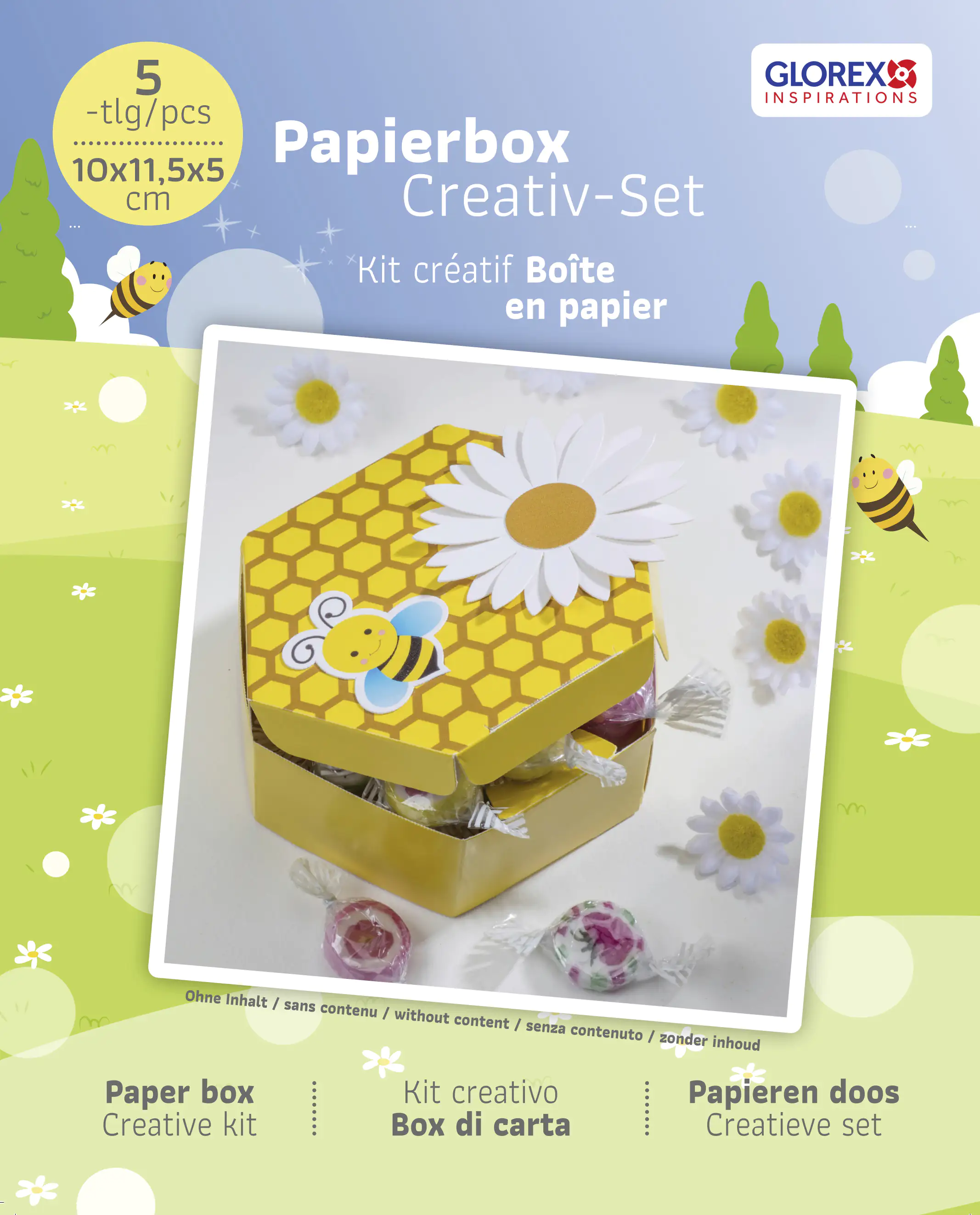 Glorex Papierbox Biene 5 teilig 10 x 10 x 5 cm