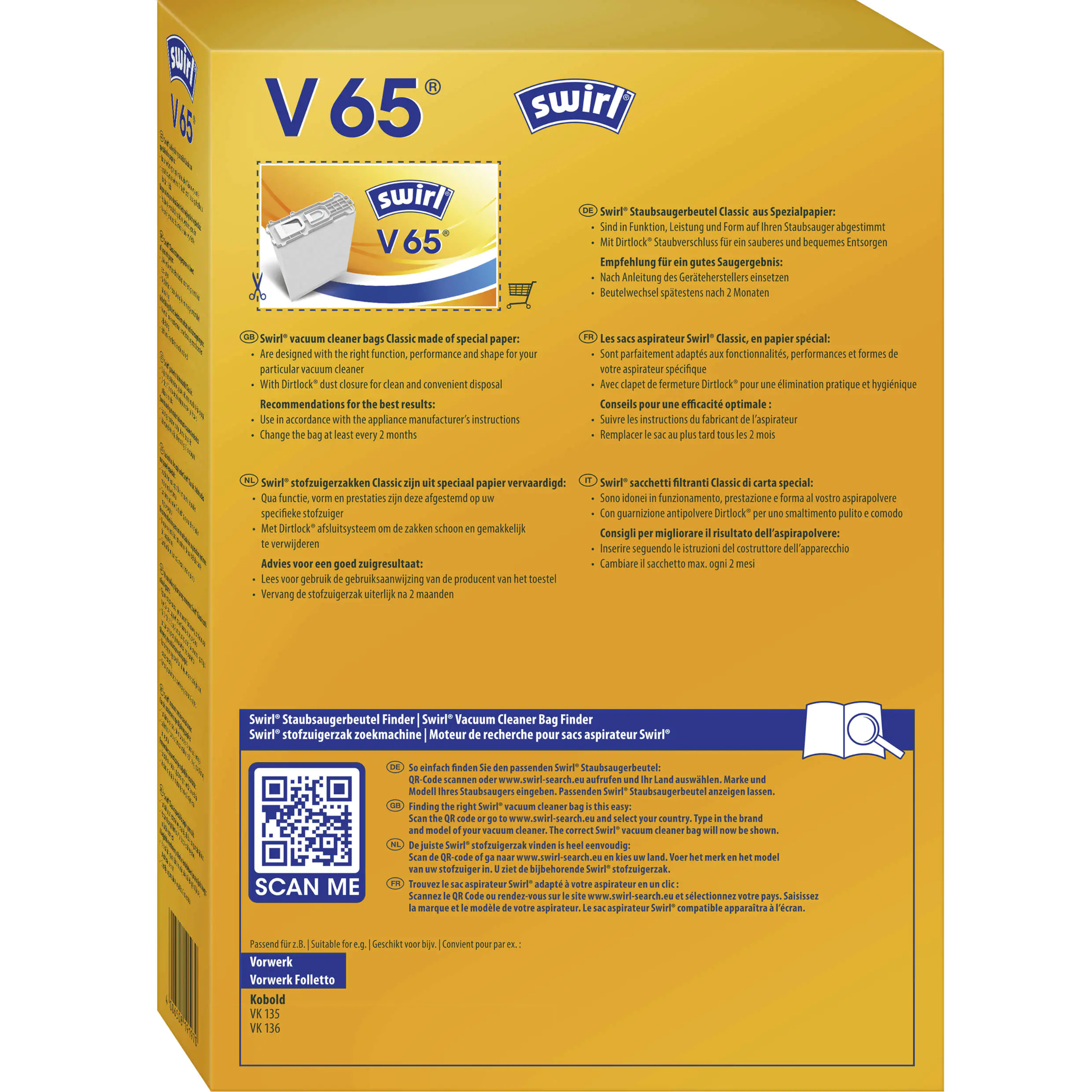 Swirl V 65 Spezialpapier Staubsaugerbeutel 4 Staubbeutel