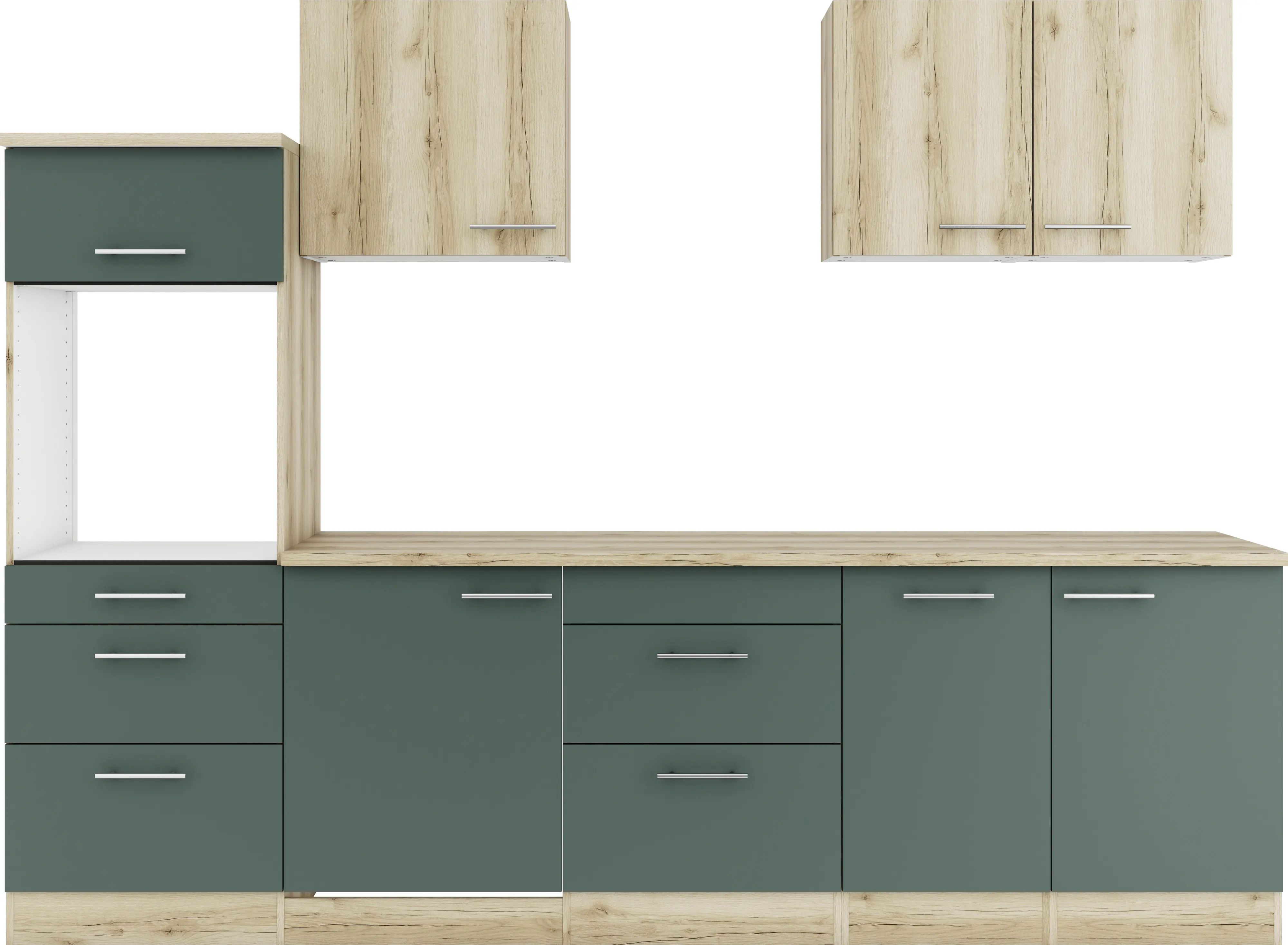 Optifit Küchenzeile Livorno 290/Savona 405 ohne Geräte wildeiche/naturgrün 270 cm