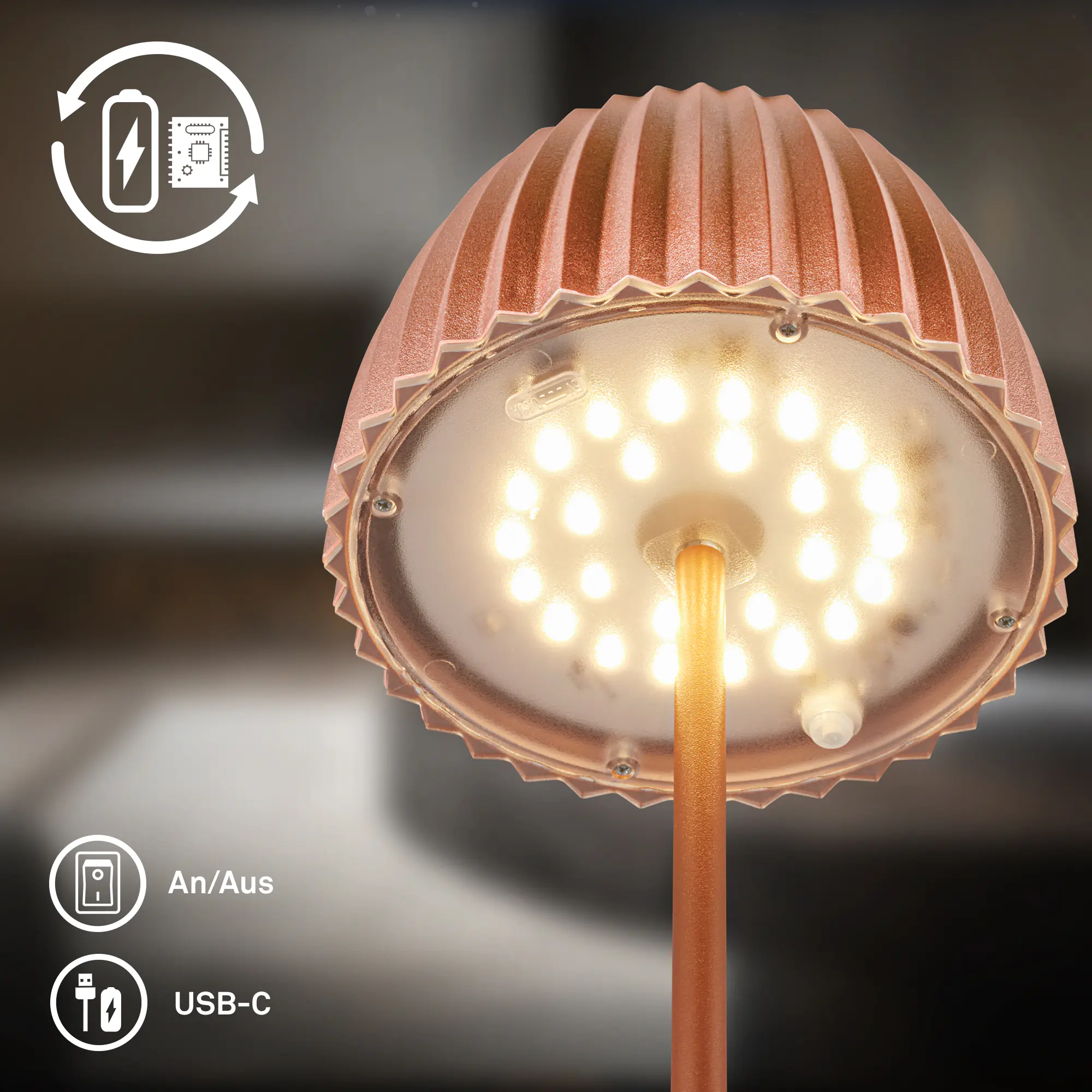 Briloner LED-Tischleuchte Riffle mit Akku kupfer dimmbar