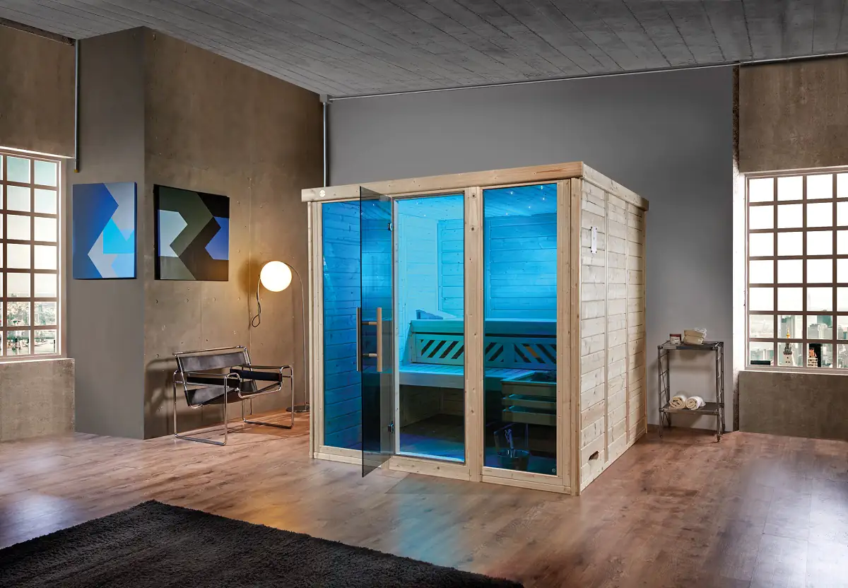 Weka Massivholz-Elementsauna Kemi Panorama 2 mit Glastür, 2 Fenstern und Saunaofen Weka Massivholz-Elementsauna Kemi Panorama 2 mit Glastür, 2 Fenstern und Saunaofen