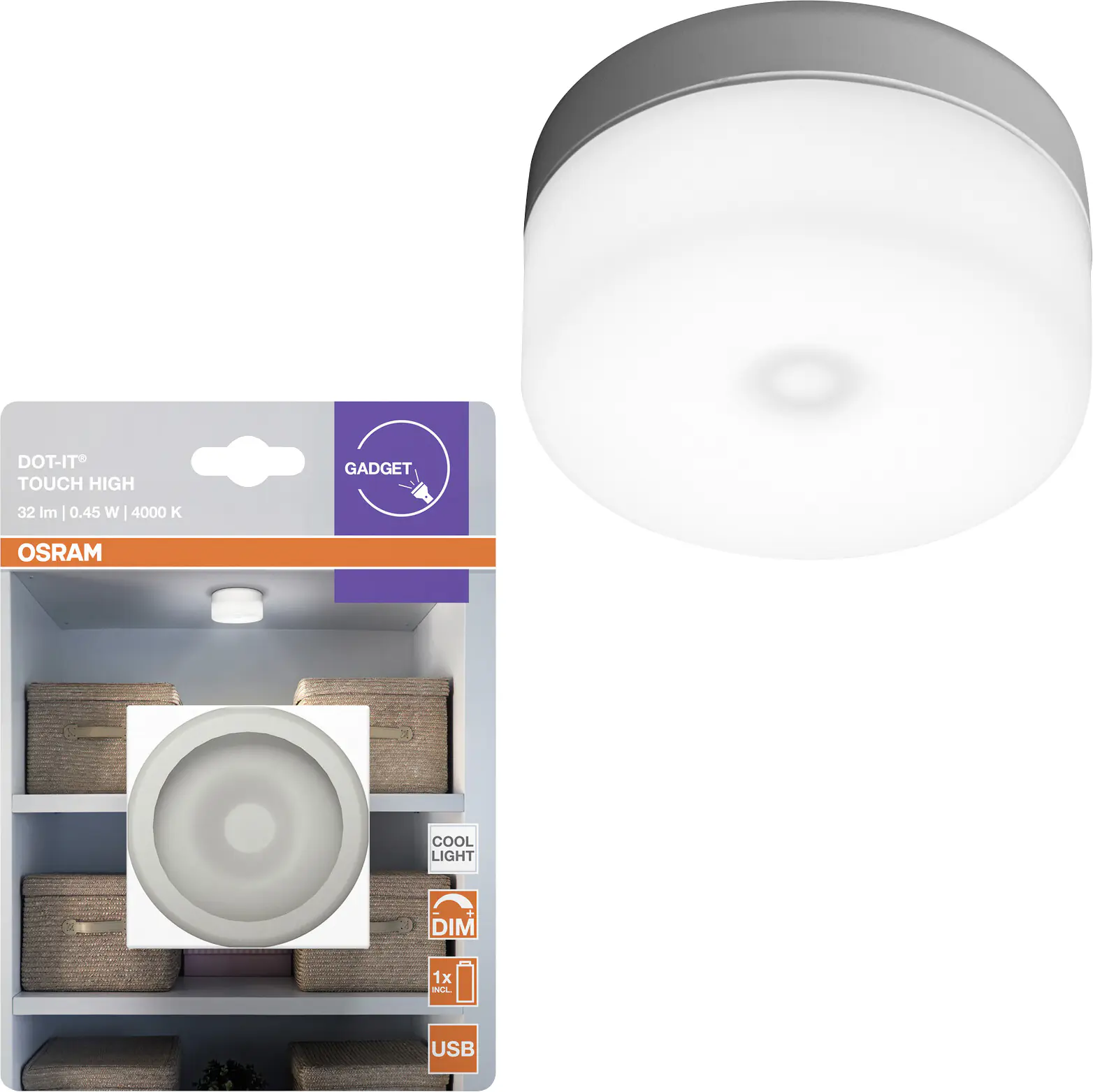 Osram LED Schrankleuchte Dot-it Touch High mit Dämmerungssensor 6,5 cm kaltweiß weiß