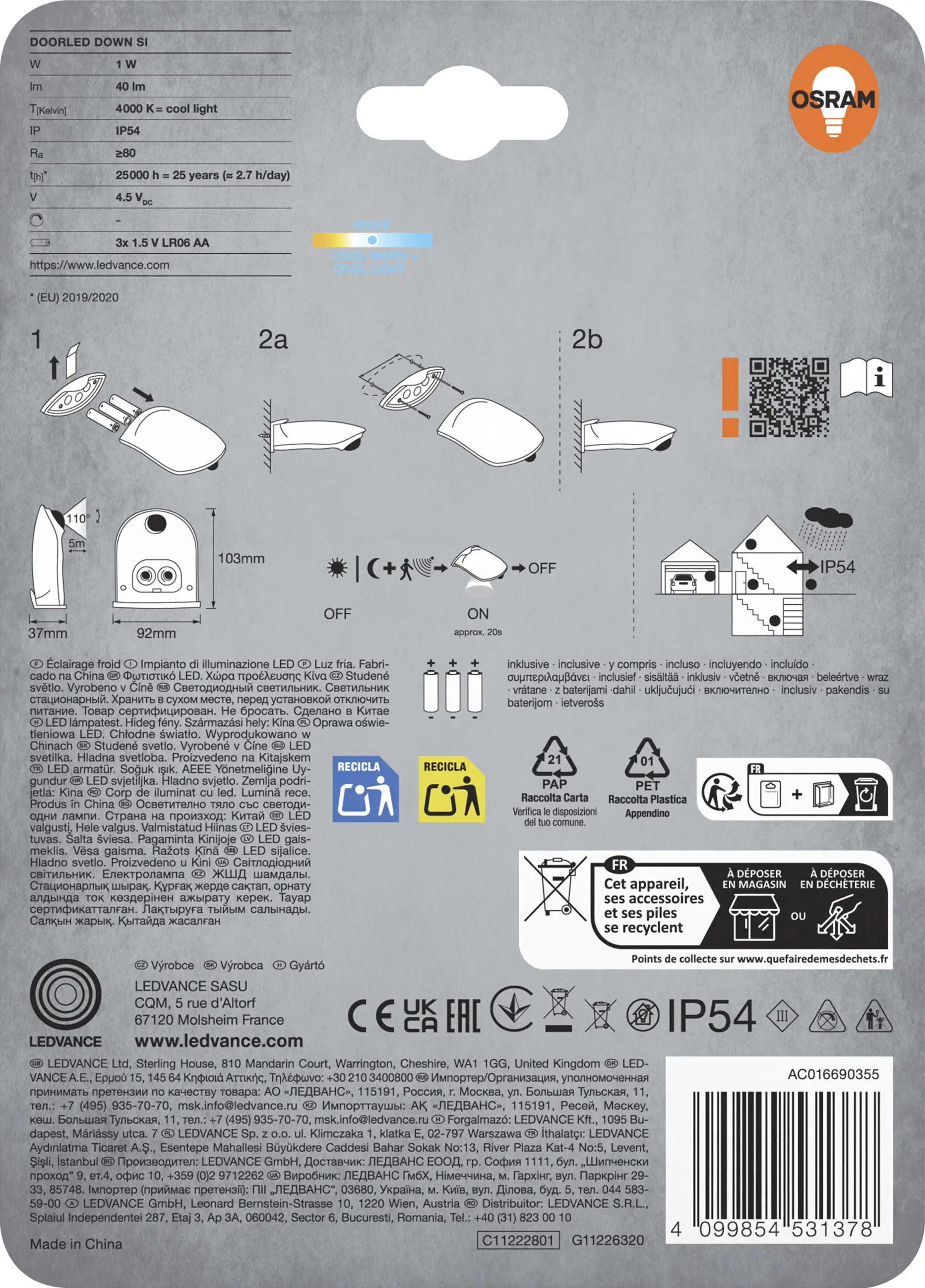 Osram LED-Außenleuchte Doorled Down mit Licht- & Bewegungssensor 10,25 cm kaltweiß silber