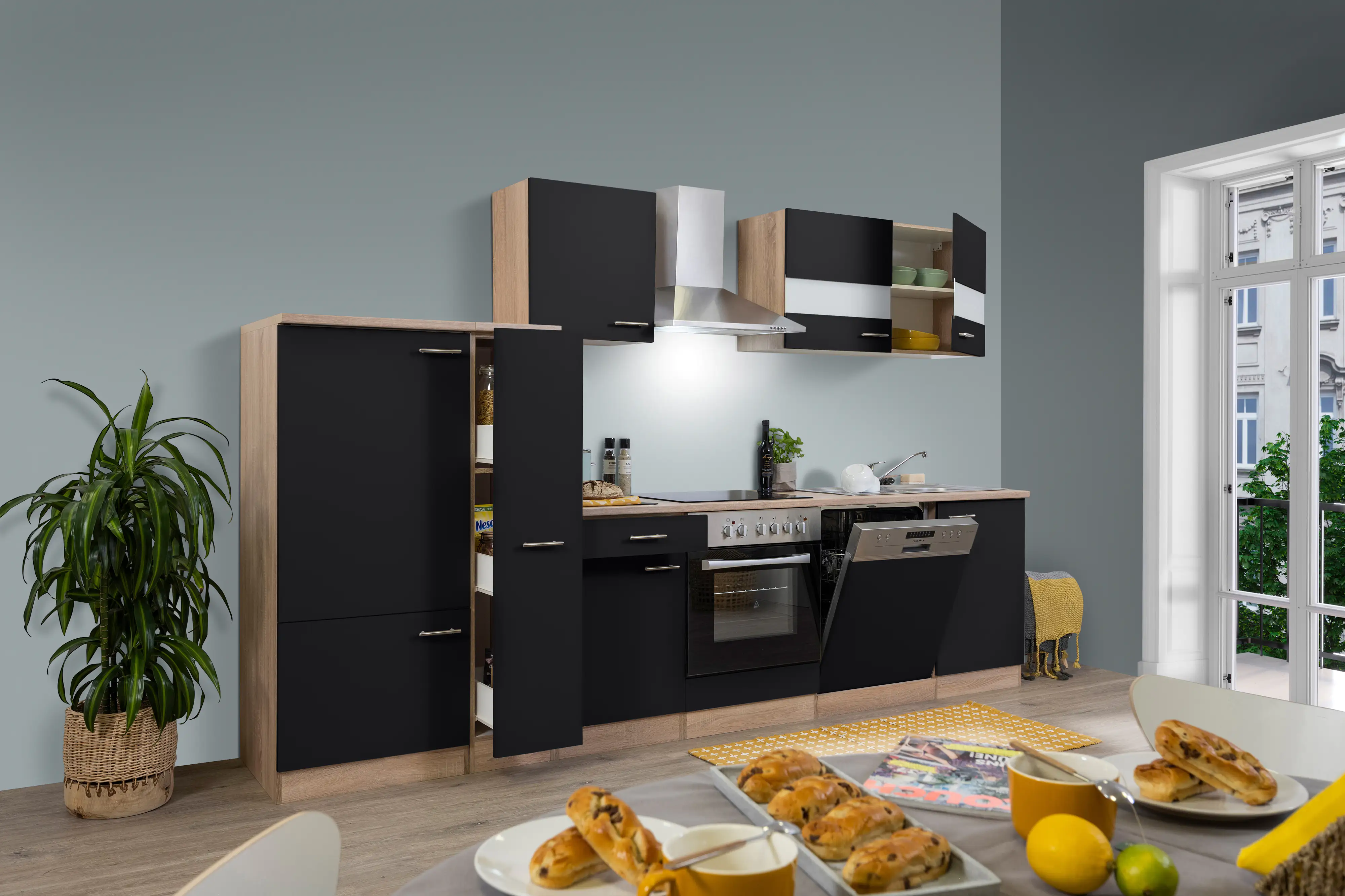 4260344974429_2826426 Respekta Economy Küchenblock 310 cm schwarz, Eiche Sonoma, KB310ESSC