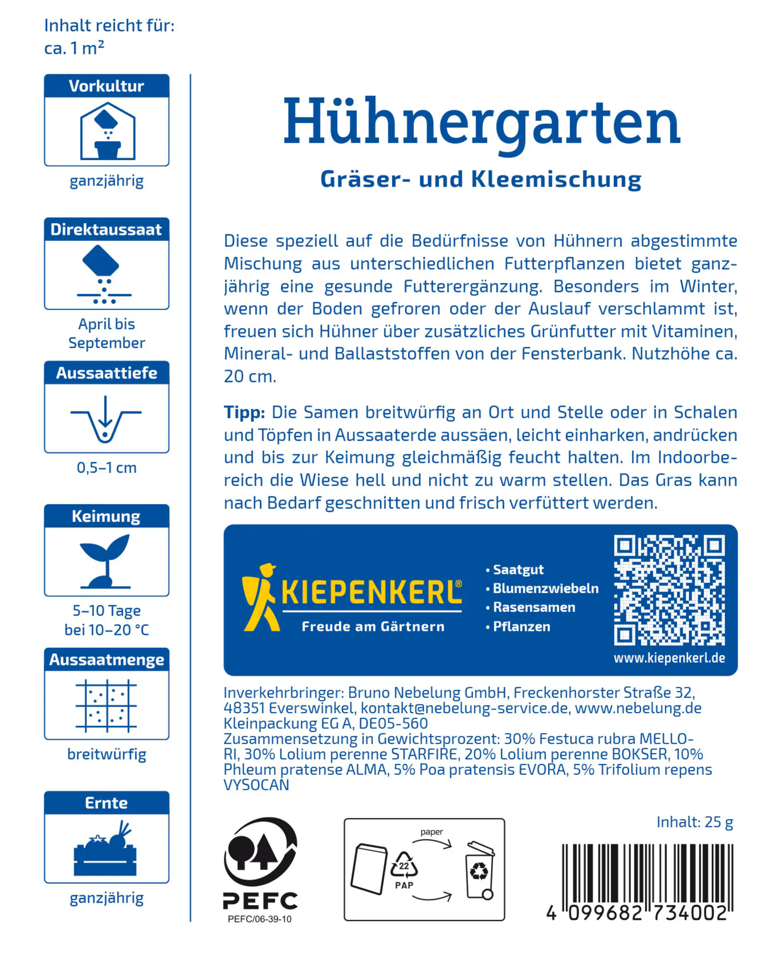 Kiepenkerl Rasensamen Hühnergarten Gräser- und Kleemischung für ca. 1 m²