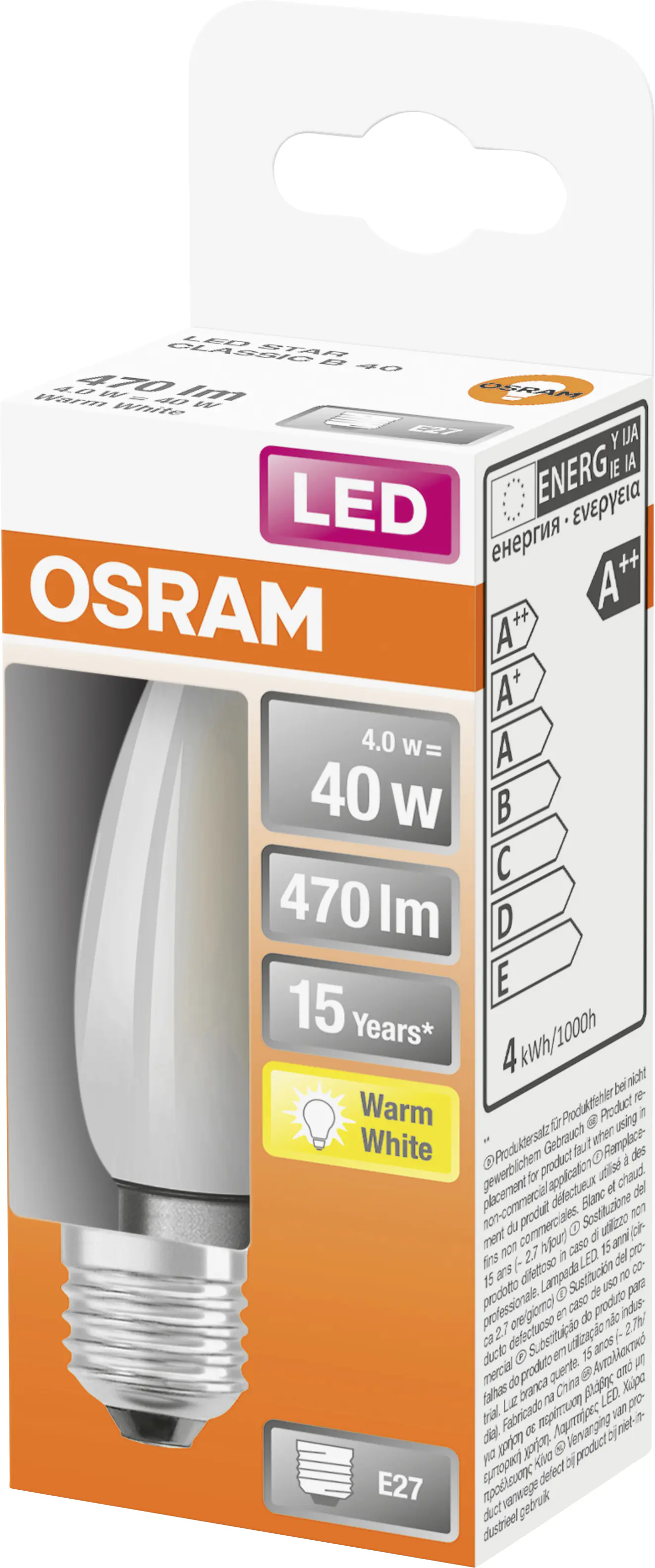 Osram LED Leuchtmittel Star Classic B E27 4W warmweiß, dimmbar, weiß matt