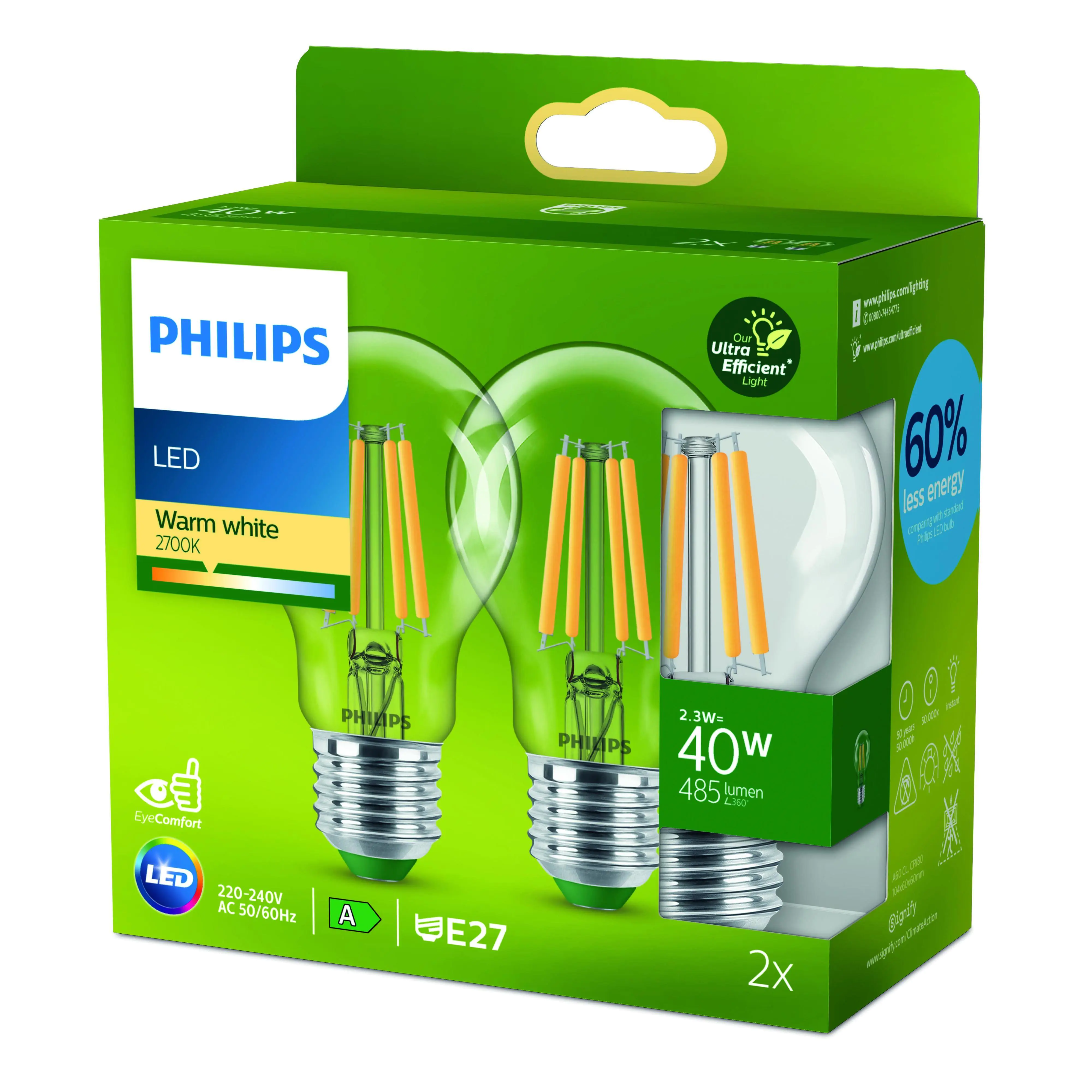 Philips LED-Leuchtmittel A60 E27 4W  klar 2e Pack