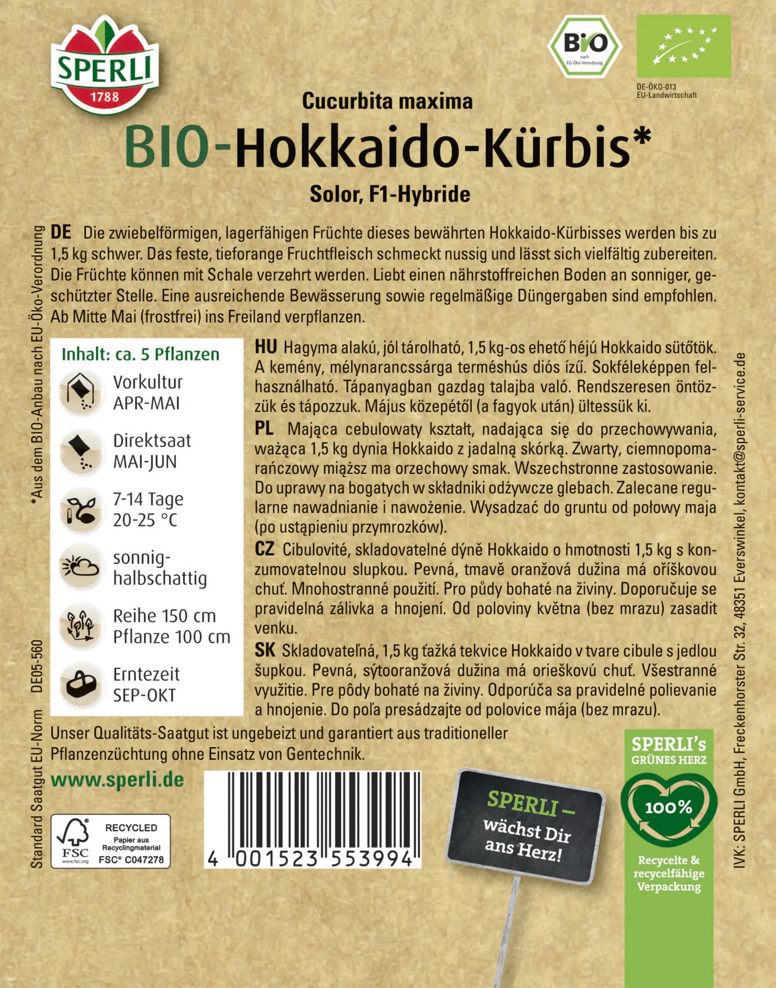 Sperli Saatgut BIO Hokkaido F1 für ca. 5 Pflanzen