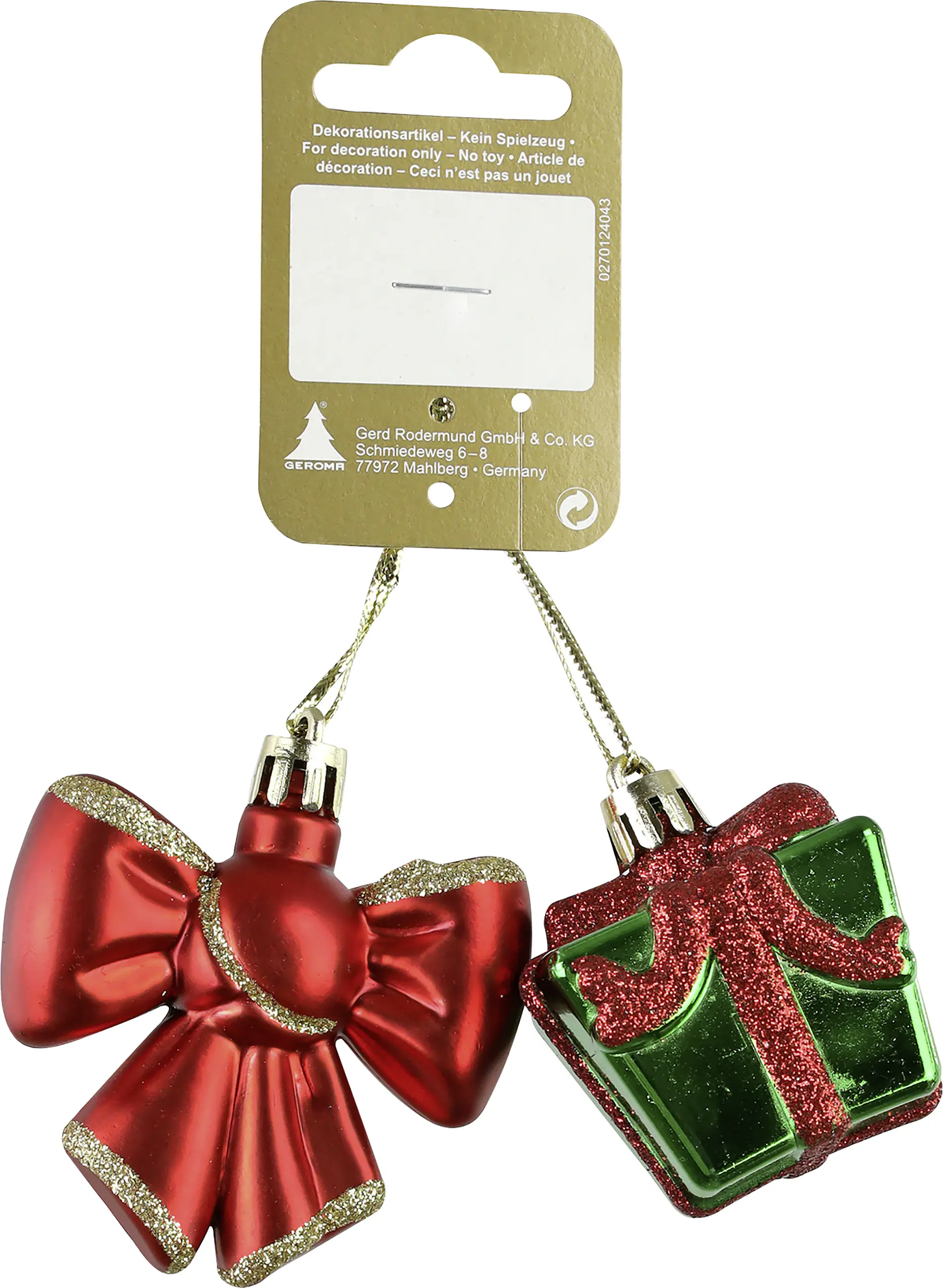 Weihnachtsanhänger Geschenk + Schleife aus Kunststoff 7 cm rot grün 2 Stück