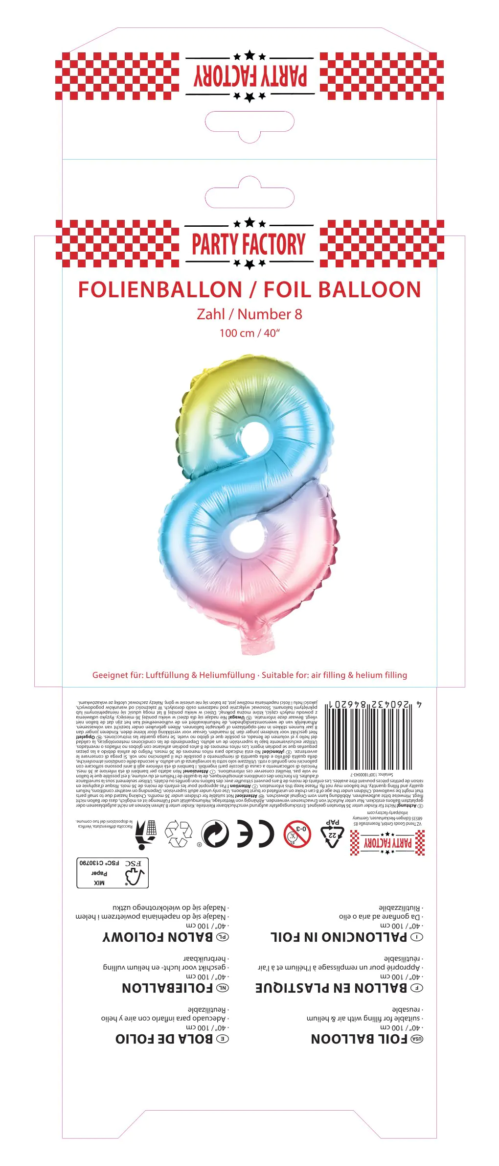 Folienballon Zahl 8 bunt 100 cm