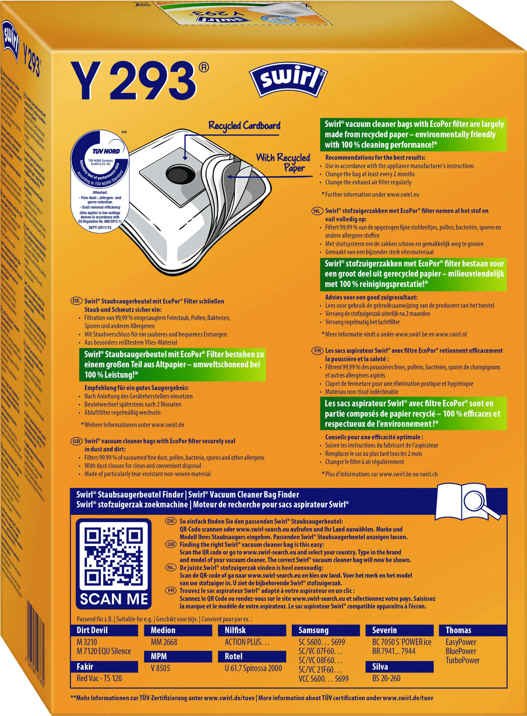 Swirl Y 293 EcoPor Staubsaugerbeutel 4 Staubbeutel + 1 Filter