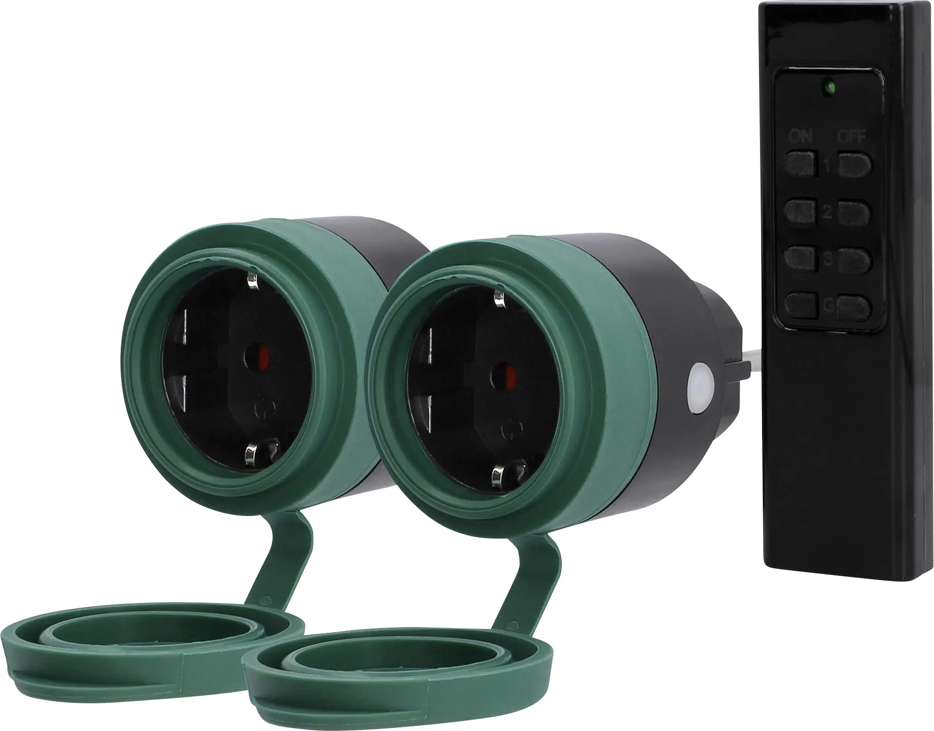 Design Funkfernschalter-Set schwarz 2 Steckdosen + 1 Fernbedienung, Außen Design Funkfernschalter-Set schwarz 2 Steckdosen + 1 Fernbedienung, Außen