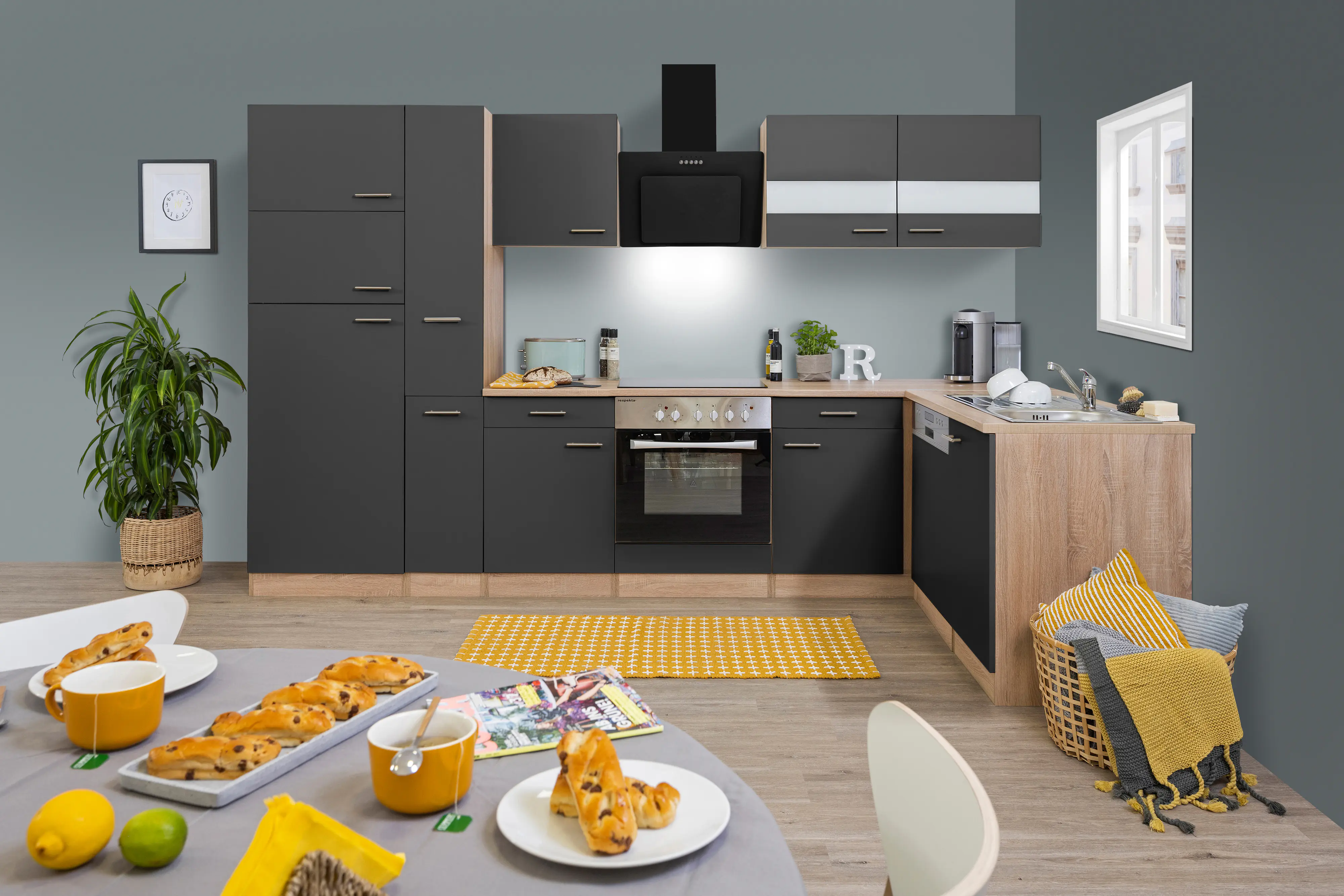 Respekta Küchenzeile L-Form Economy mit Geräte grau 310 x 172 cm