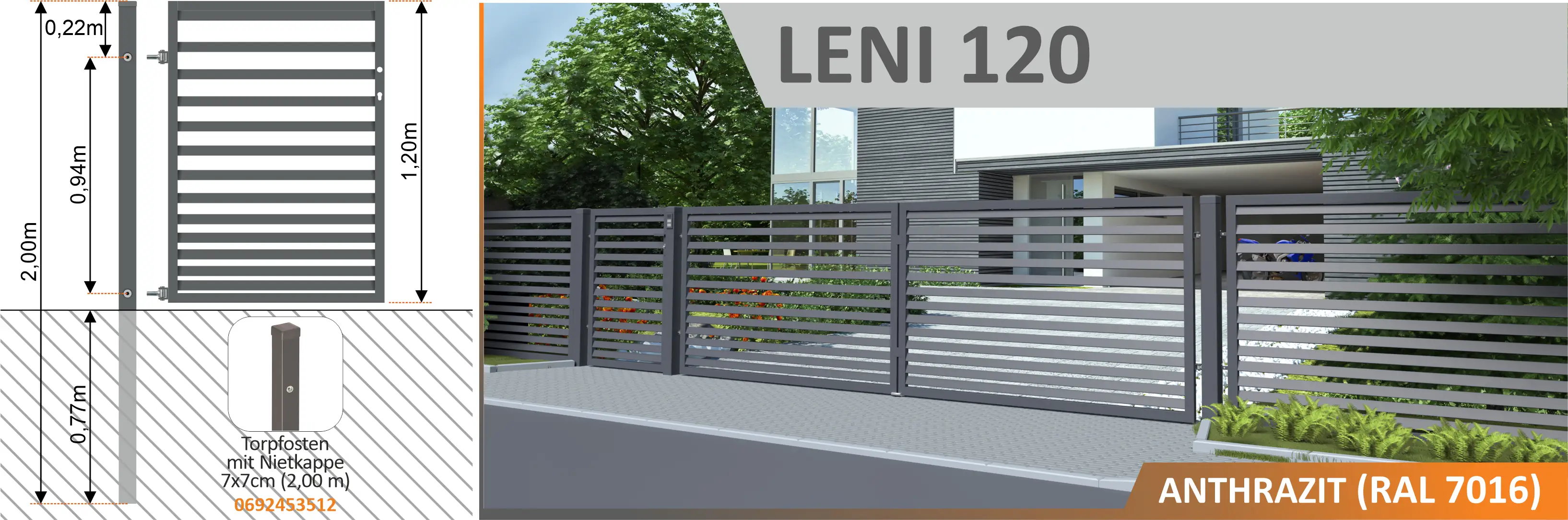 Polbram Doppeltor Leni 120 inkl. Zubehör-Set 300 x 120 cm, RAL-Farbe 7016