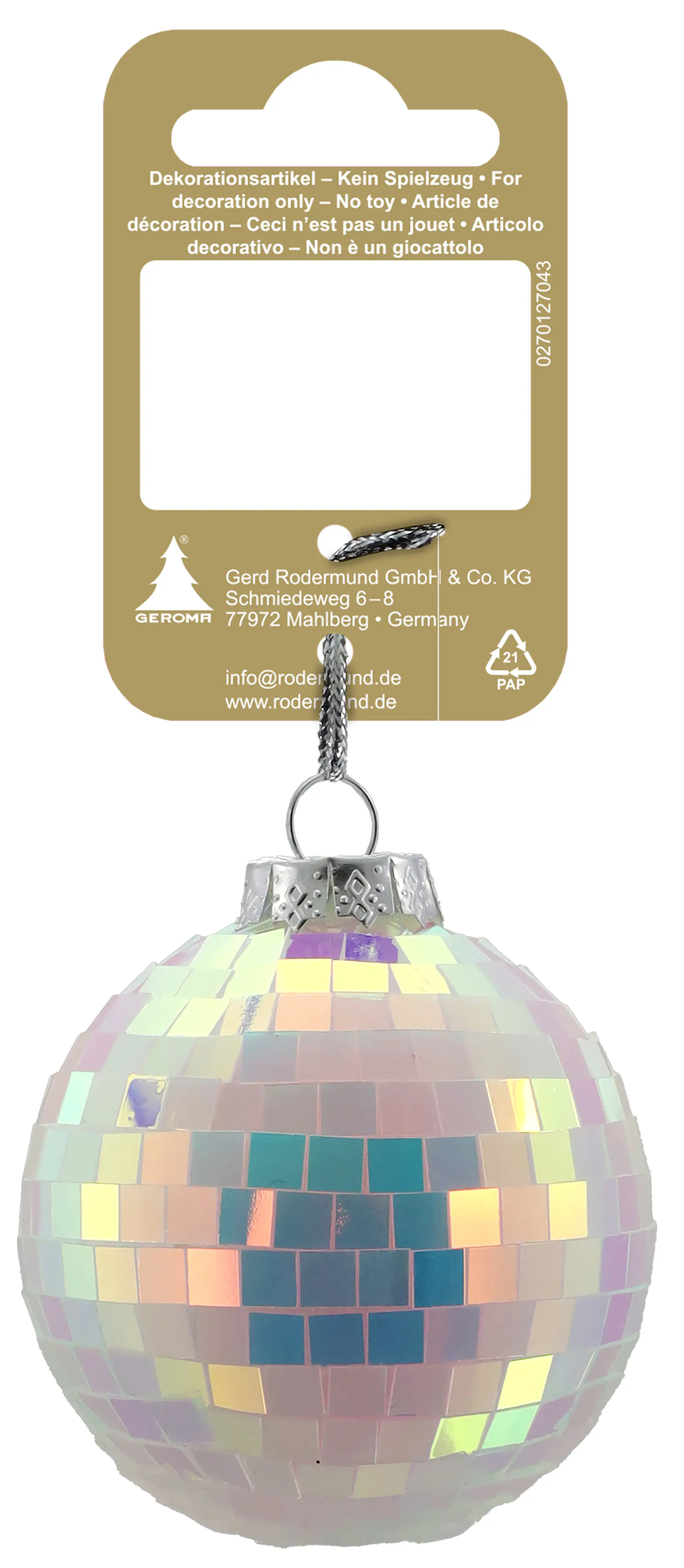 Weihnachtsanhänger Discokugel aus Kunststoff 6 cm perlmutt