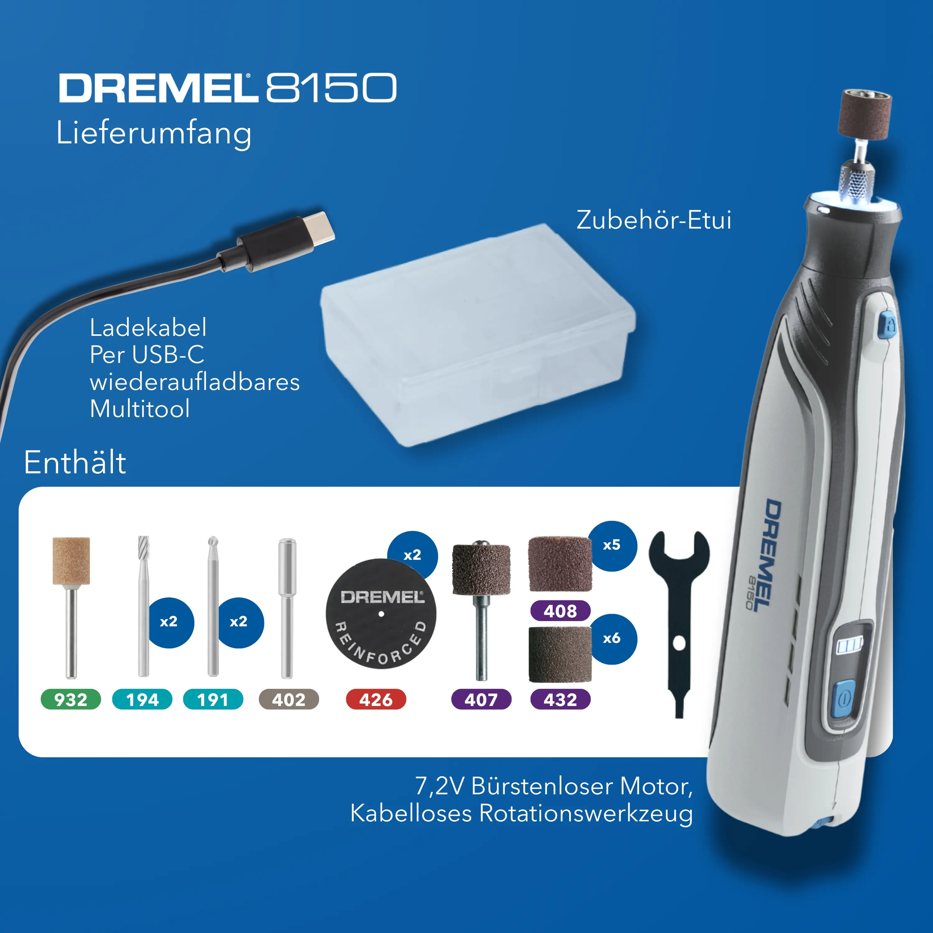 Dremel Akku-Multifunktionswerkzeug 8150-20 inkl. 20 Zubehörteilen und USB-C-Ladekabel