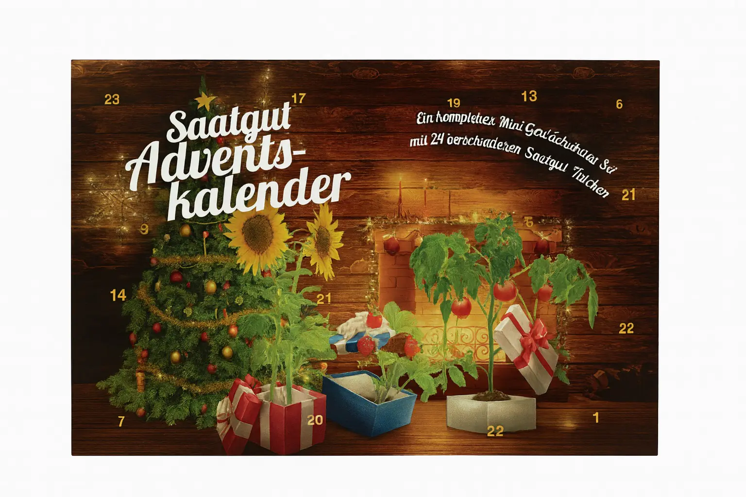 Saatgut Adventskalender Kamin mit komplettem Mini Gewächshaus Set