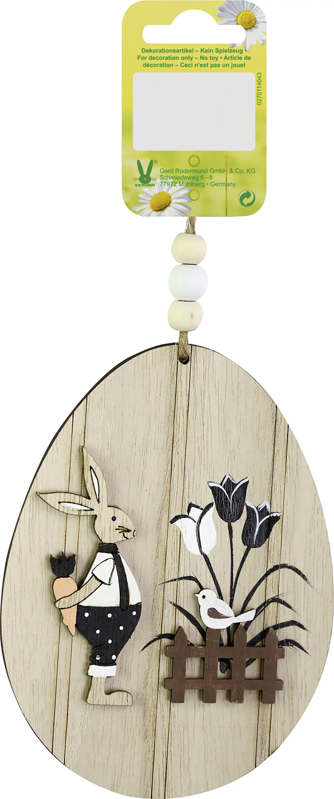 Dekohänger Osterei Hasenjunge Holz 13,3 x 10 cm natur schwarz weiß