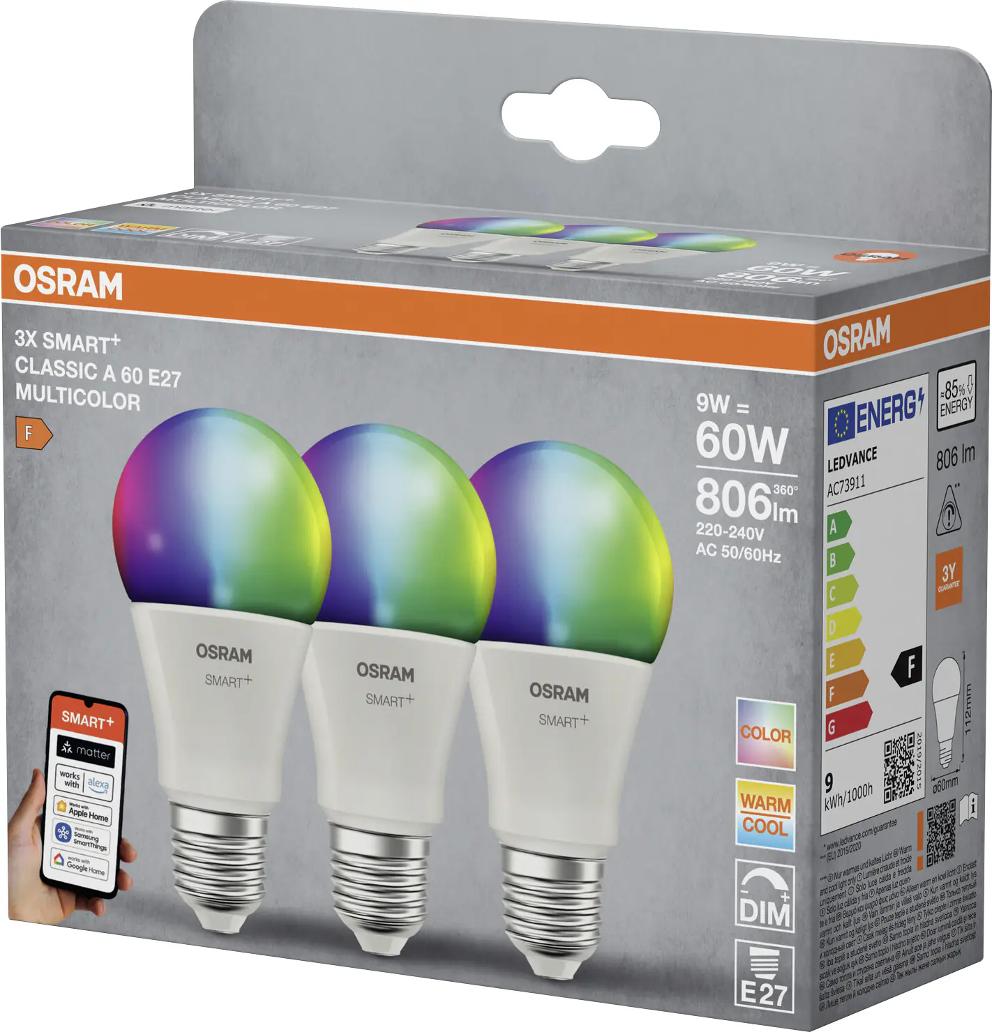 Osram SMART+ Matter Leuchtmittel E27 3er Pack Classic A60 9W RGBW matt 