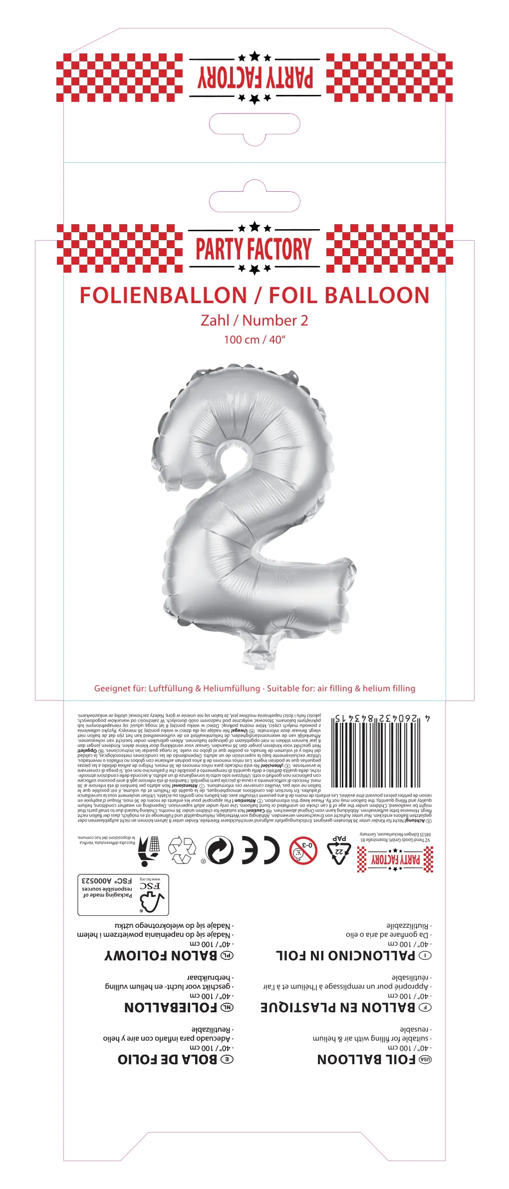 Folienballon Zahl 2 silber 100 cm