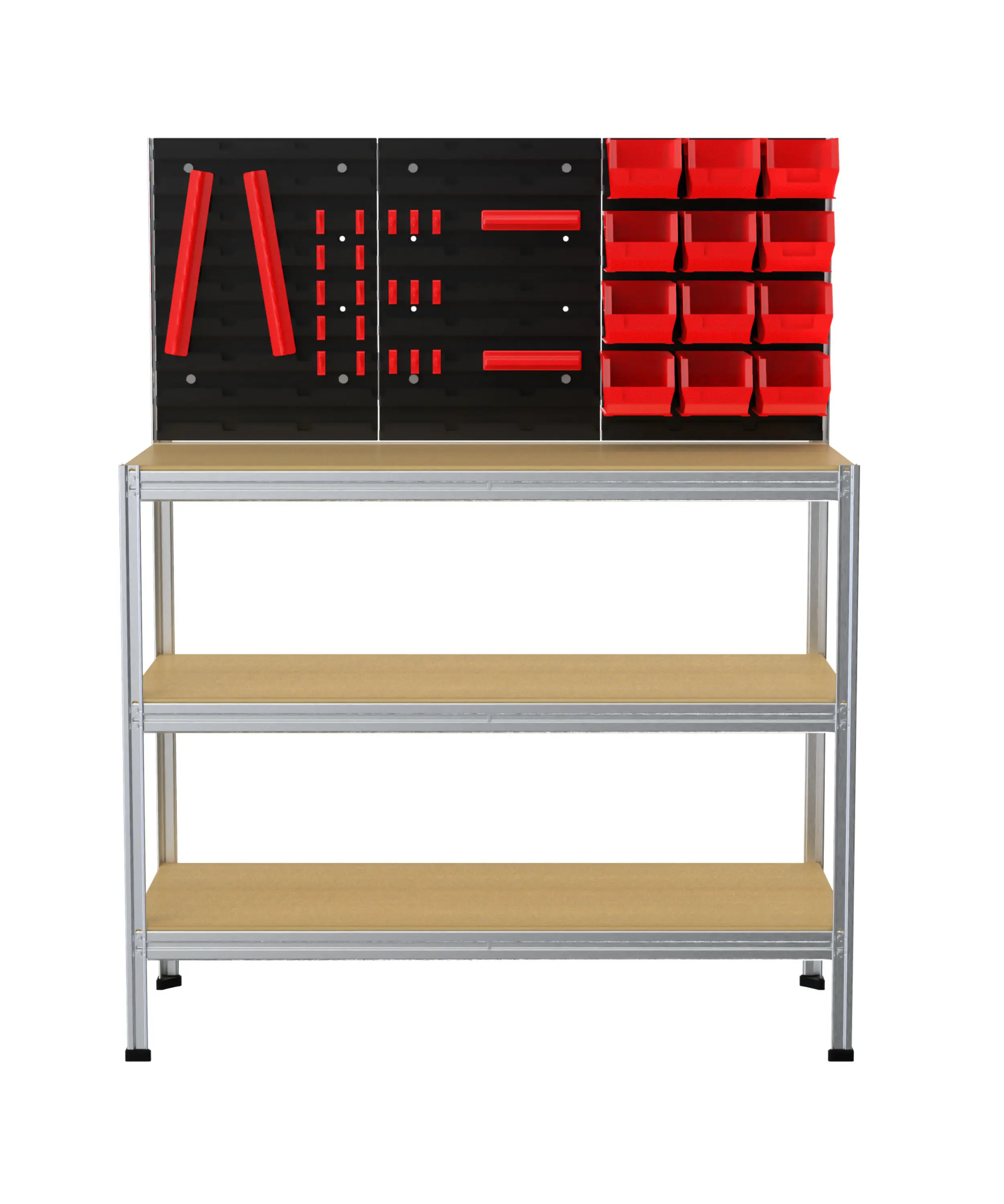 Werkstattregal inkl. Werkzeugwand & Kästen Stahl 132 x 104 cm 3 Holzböden 900 kg