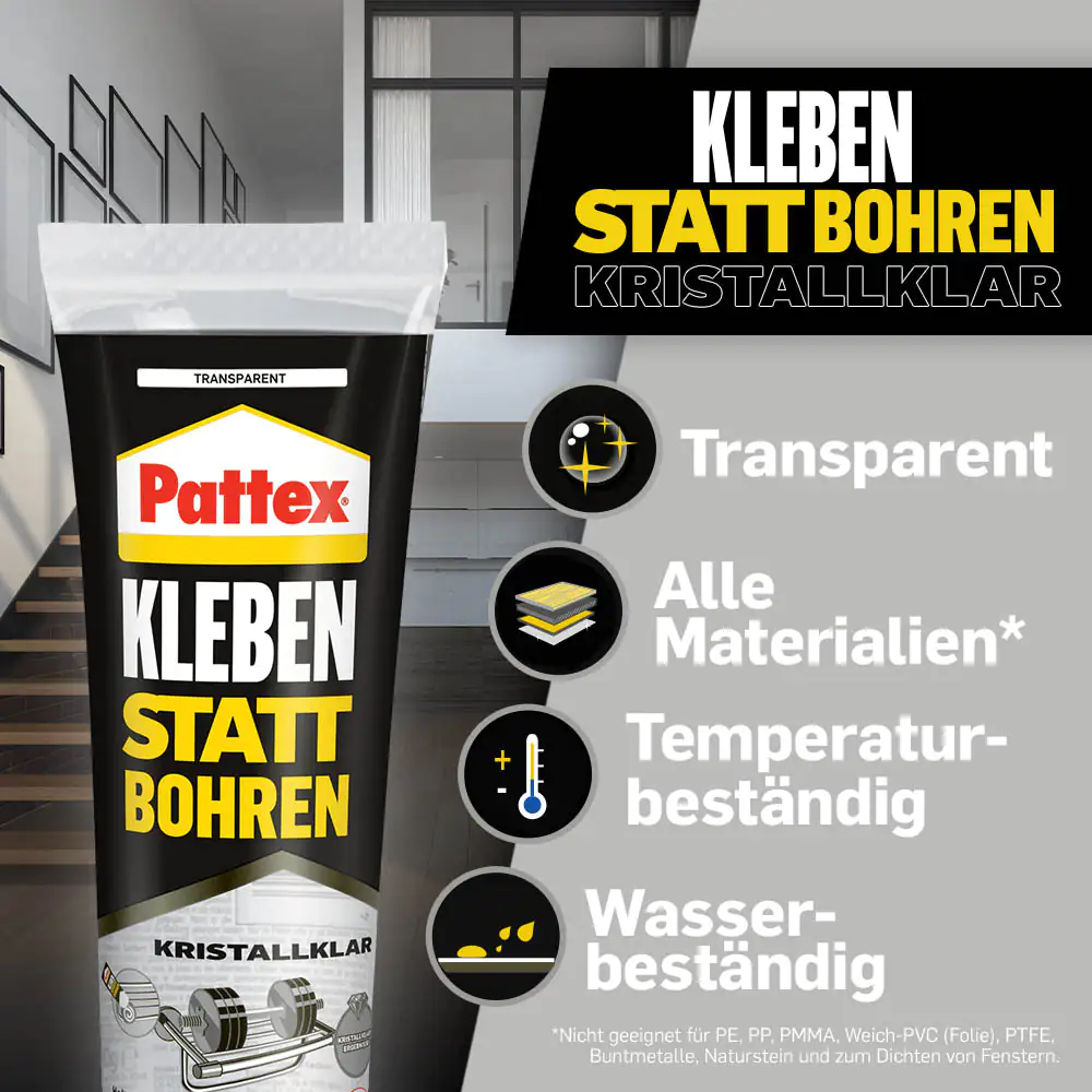 Pattex Montagekleber Kleben statt Bohren Kristallklar 90 g Tube, transparent Pattex Montagekleber Kleben statt Bohren Kristallklar 90 g Tube, transparent