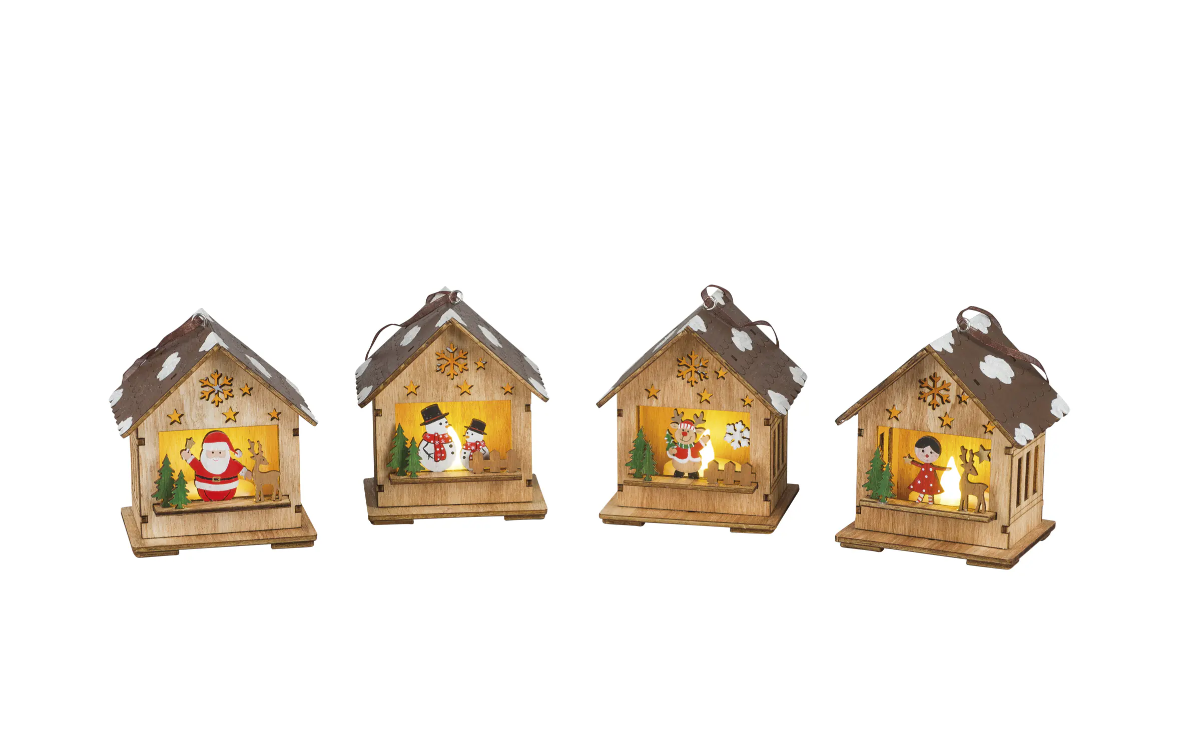 Saico LED-Dekohaus Weihnachten zum Hängen oder stellen Holz batteriebetrieben 9 cm 4-fach sortiert