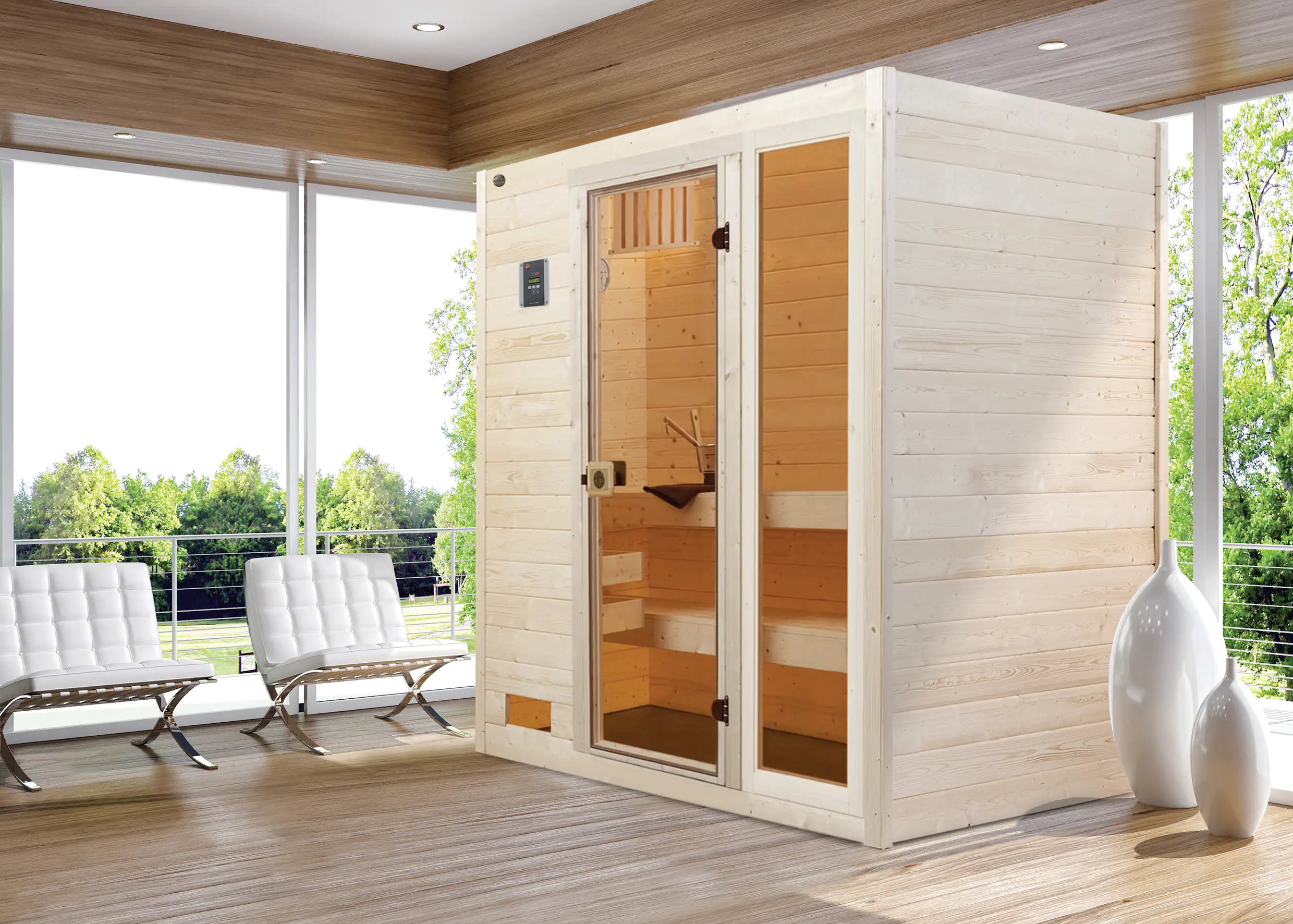 4004581426071 Weka Massivholzsauna Valida 2 mit Sicherheitsglastür und Fenster