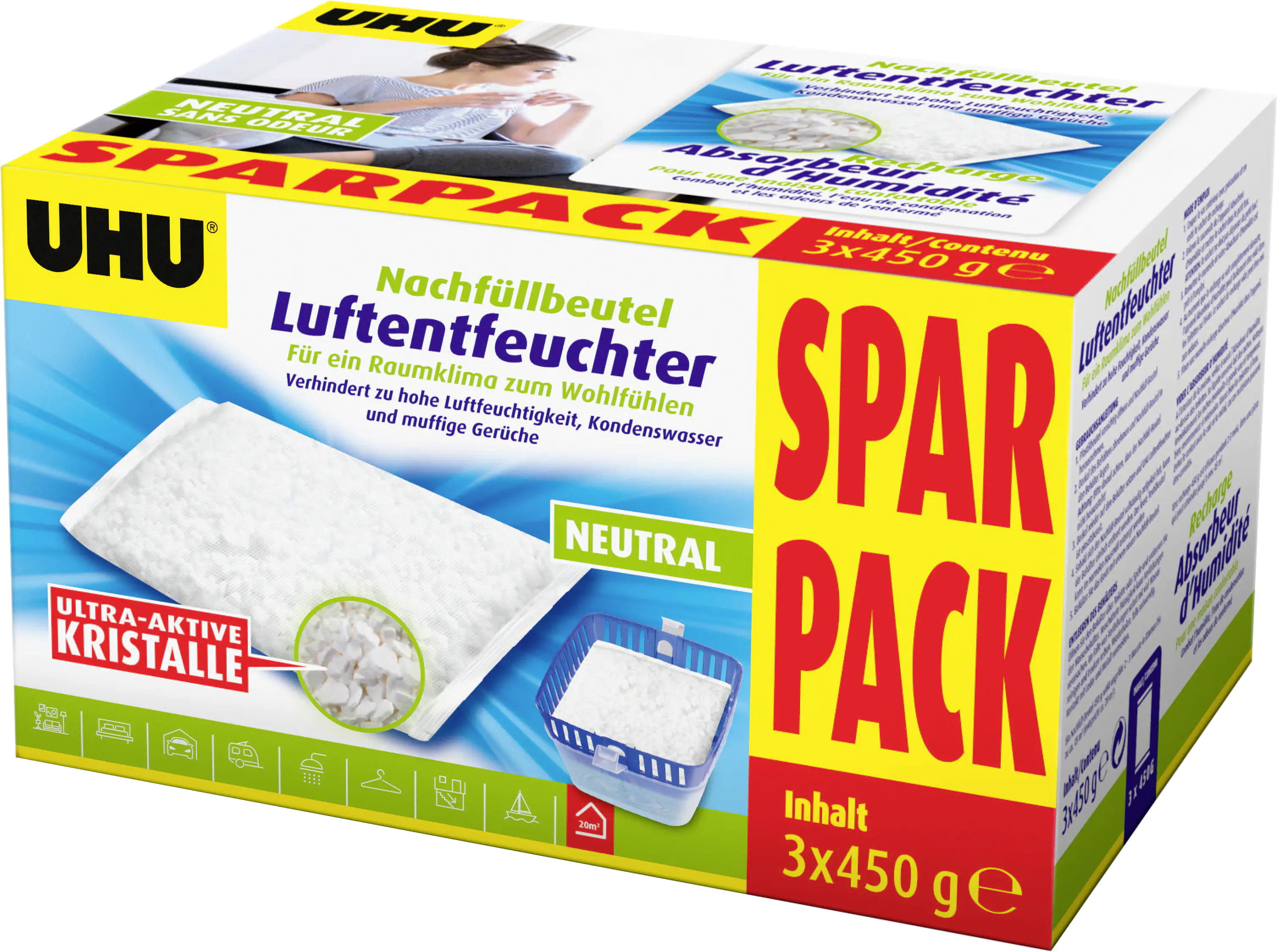 UHU Luftentfeuchter Nachfüllbeutel Sparpack, 3 x 450 g