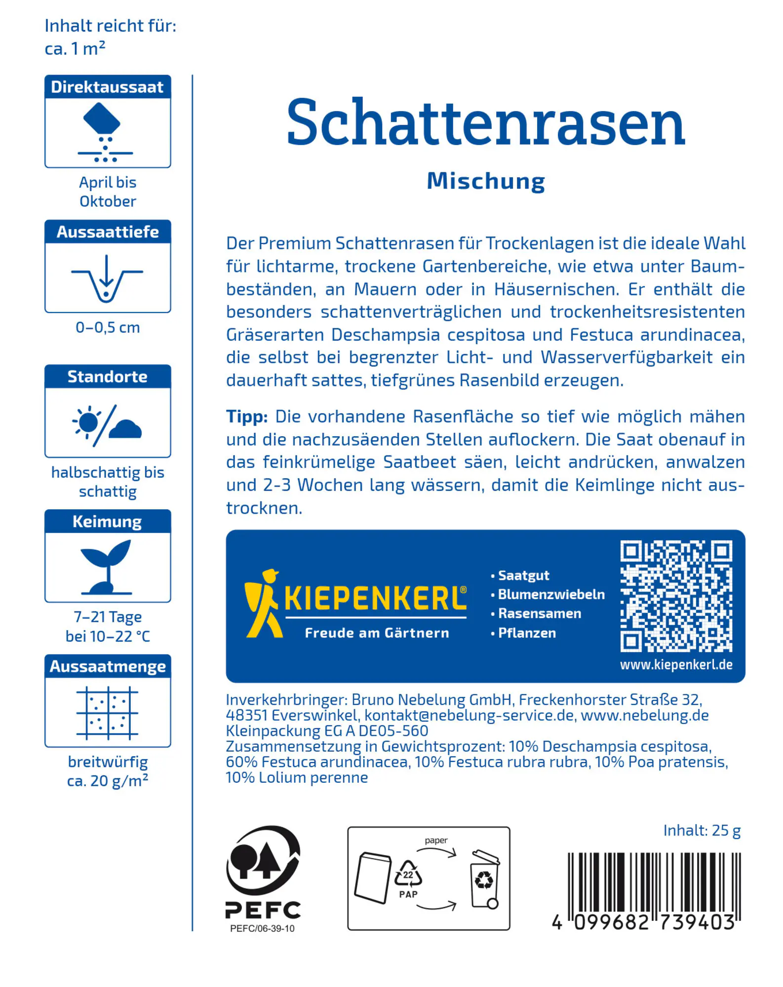Kiepenkerl Profi-Line Saatgut Schattenrasen Premium trocken 25 g für ca. 1 m²