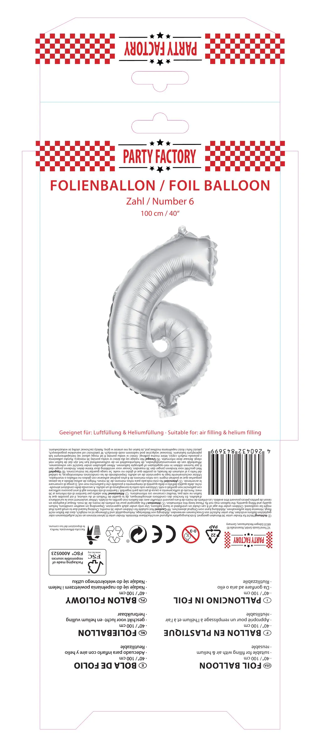 Folienballon Zahl 6 silber 100 cm