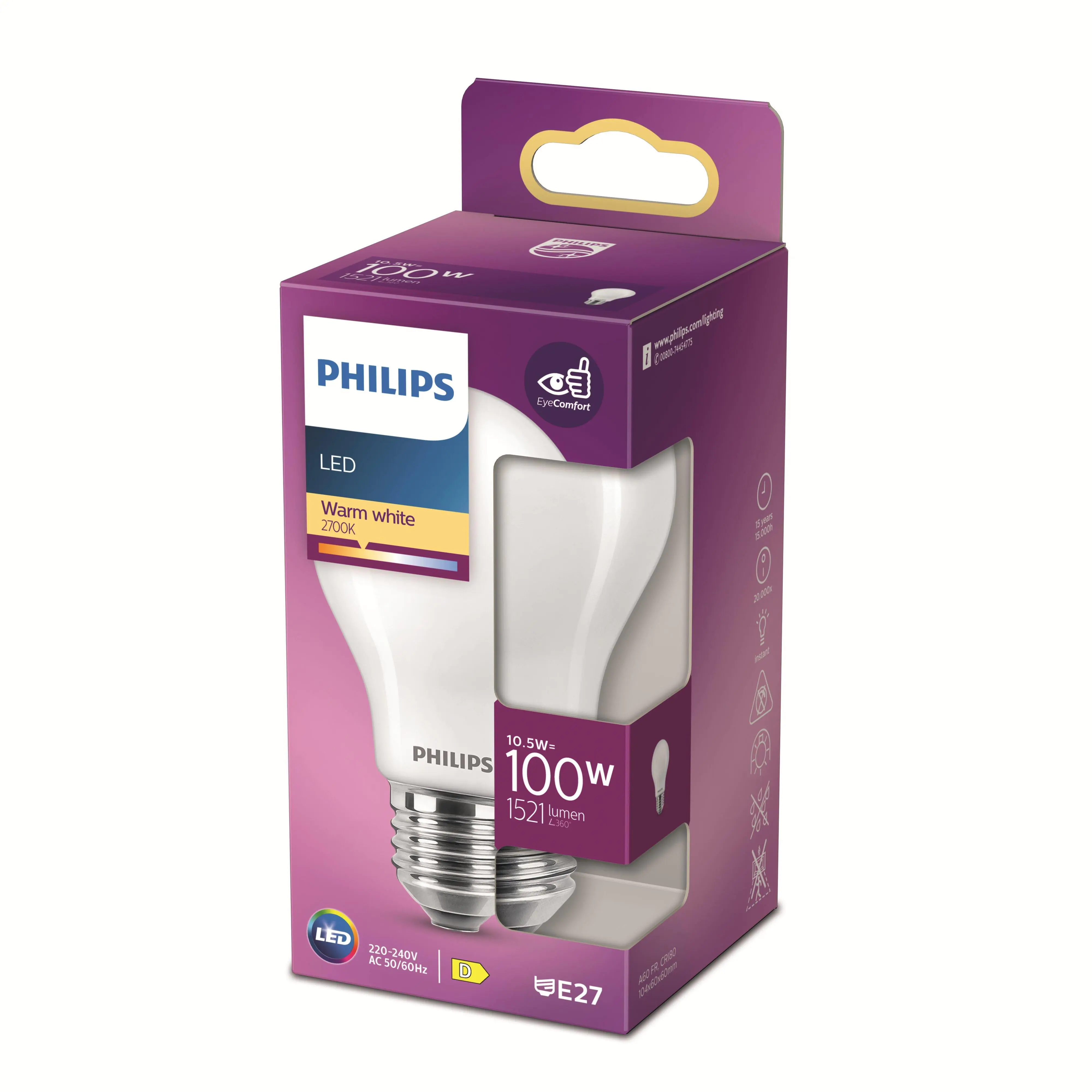 Philips LED-Leuchtmittel Birnenform A60 E27 10,5W warmweiß
