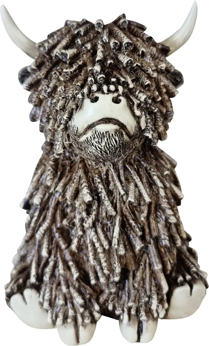 Dekofigur Hochlandrind sitzend 18 cm braun