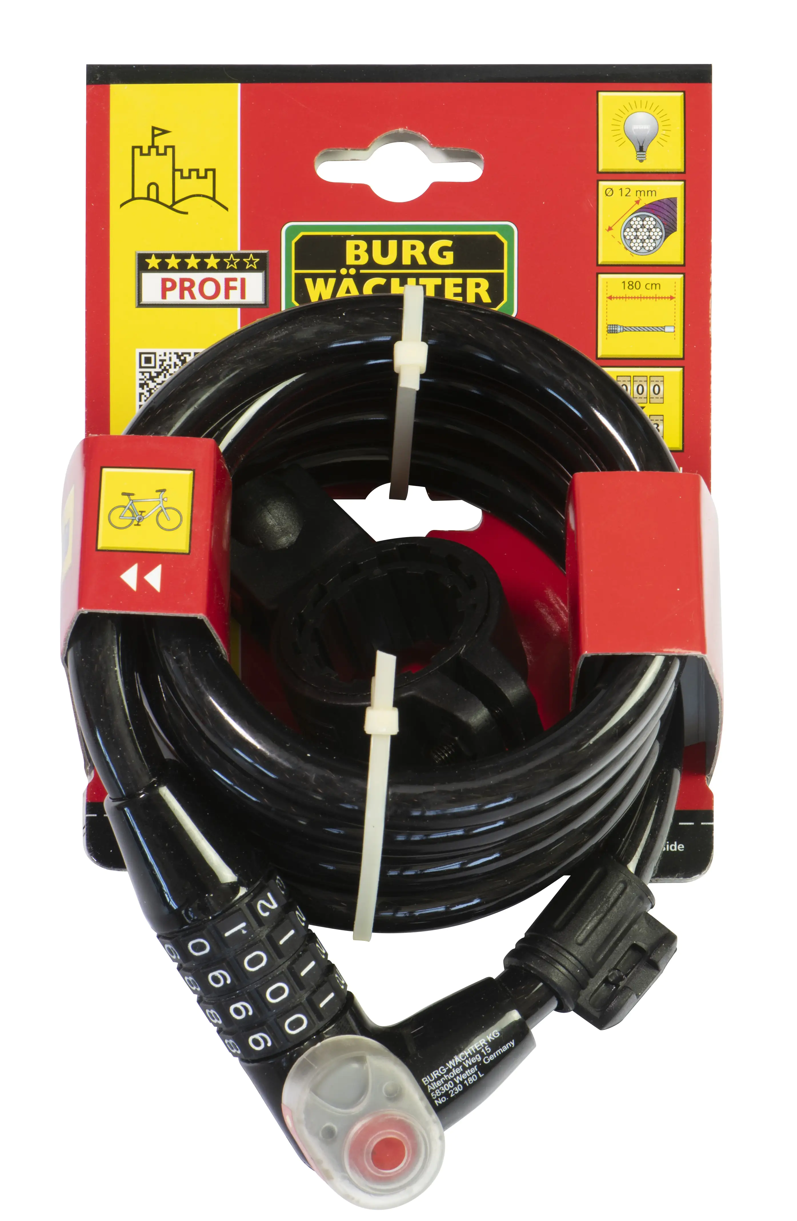 Burg Wächter Spiralkabelschloss 230 180 L 1800mm Ø 12mm schwarz oder silber