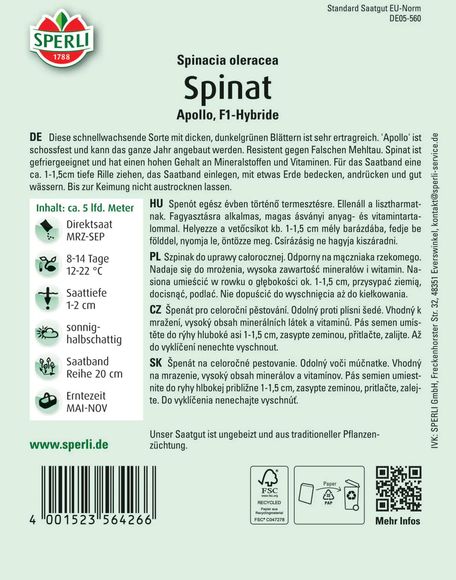 Sperli Spinat Apollo F1 Saatband